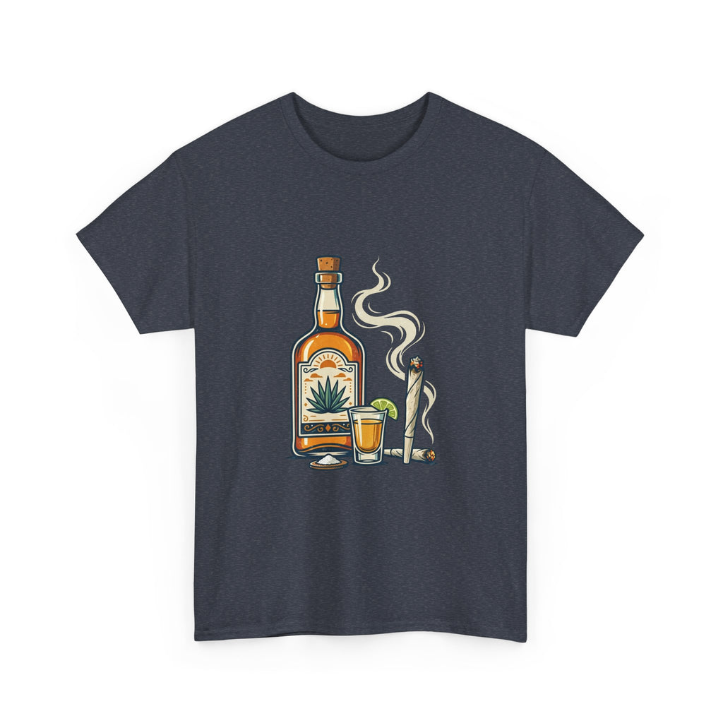 Tequila & Joint T-Shirt — Mexican Agave Bottle with Shot Glass and Joint Graphic