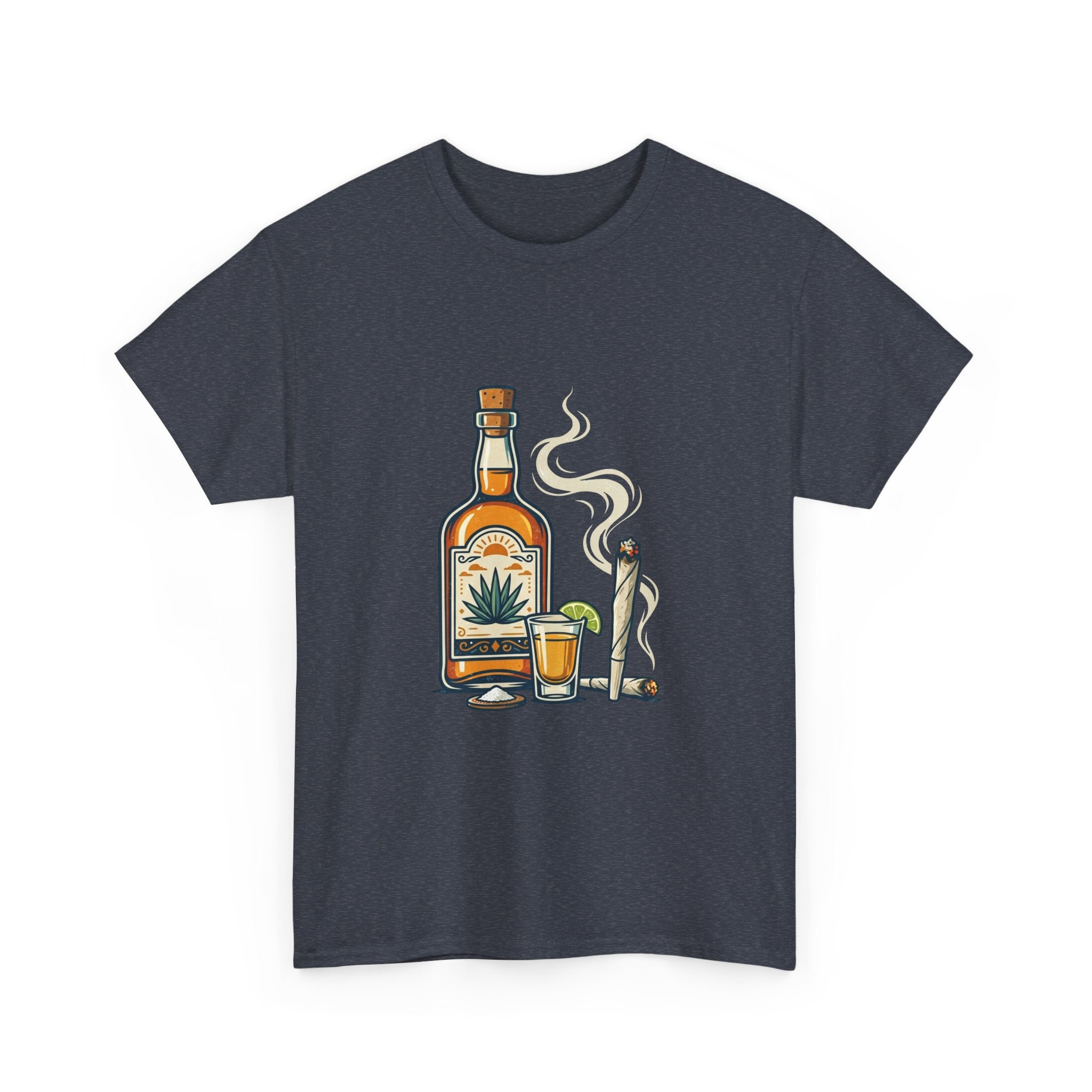 Tequila & Joint T-Shirt — Mexican Agave Bottle with Shot Glass and Joint Graphic