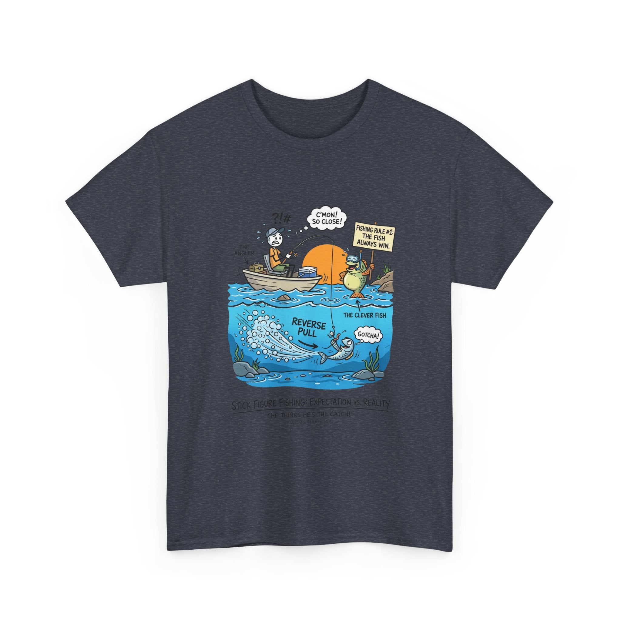 Fishing Cartoon T-Shirt — 'Reverse Take' Sunset Boating Tee