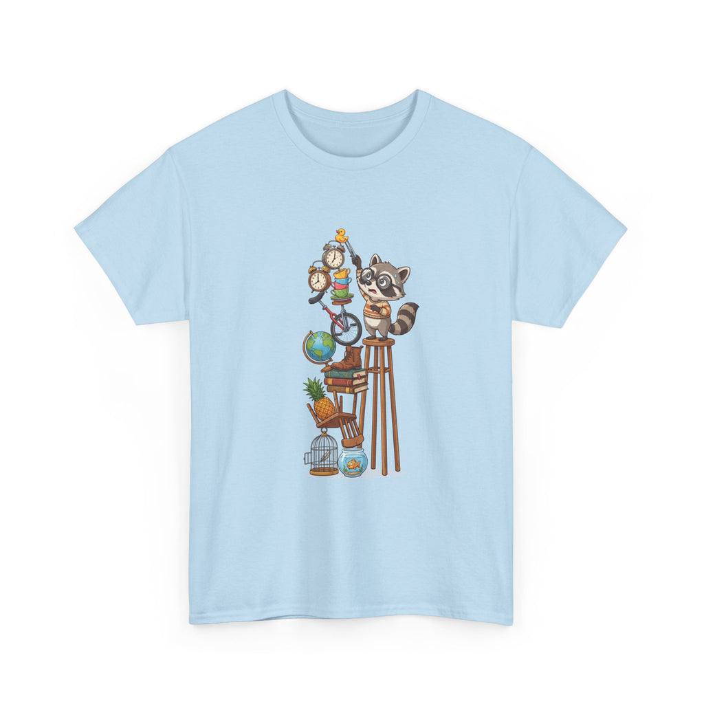Raccoon & Curiosity Shelf T‑Shirt — Cute Scientist Animal Stack Graphic Tee