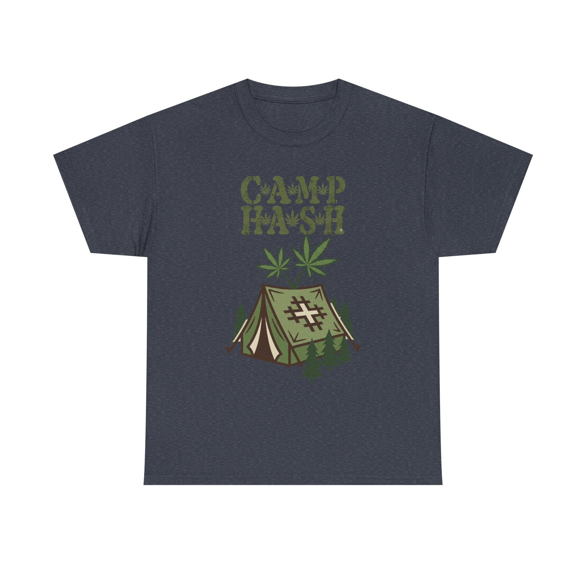 Camp Hash Cannabis Camping T‑Shirt — Retro Tent & Leaf Outdoor Smoke Tee