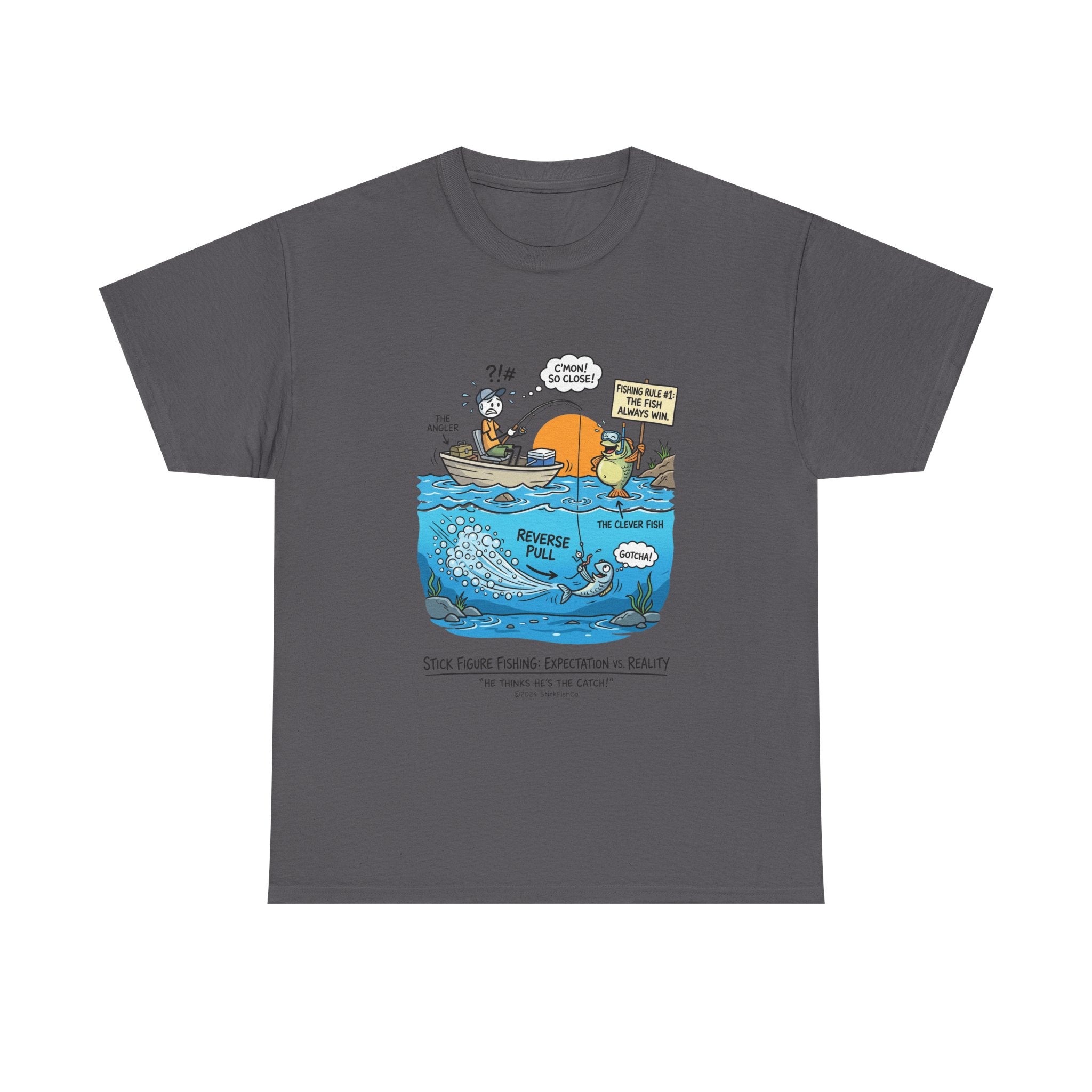Fishing Cartoon T-Shirt — 'Reverse Take' Sunset Boating Tee
