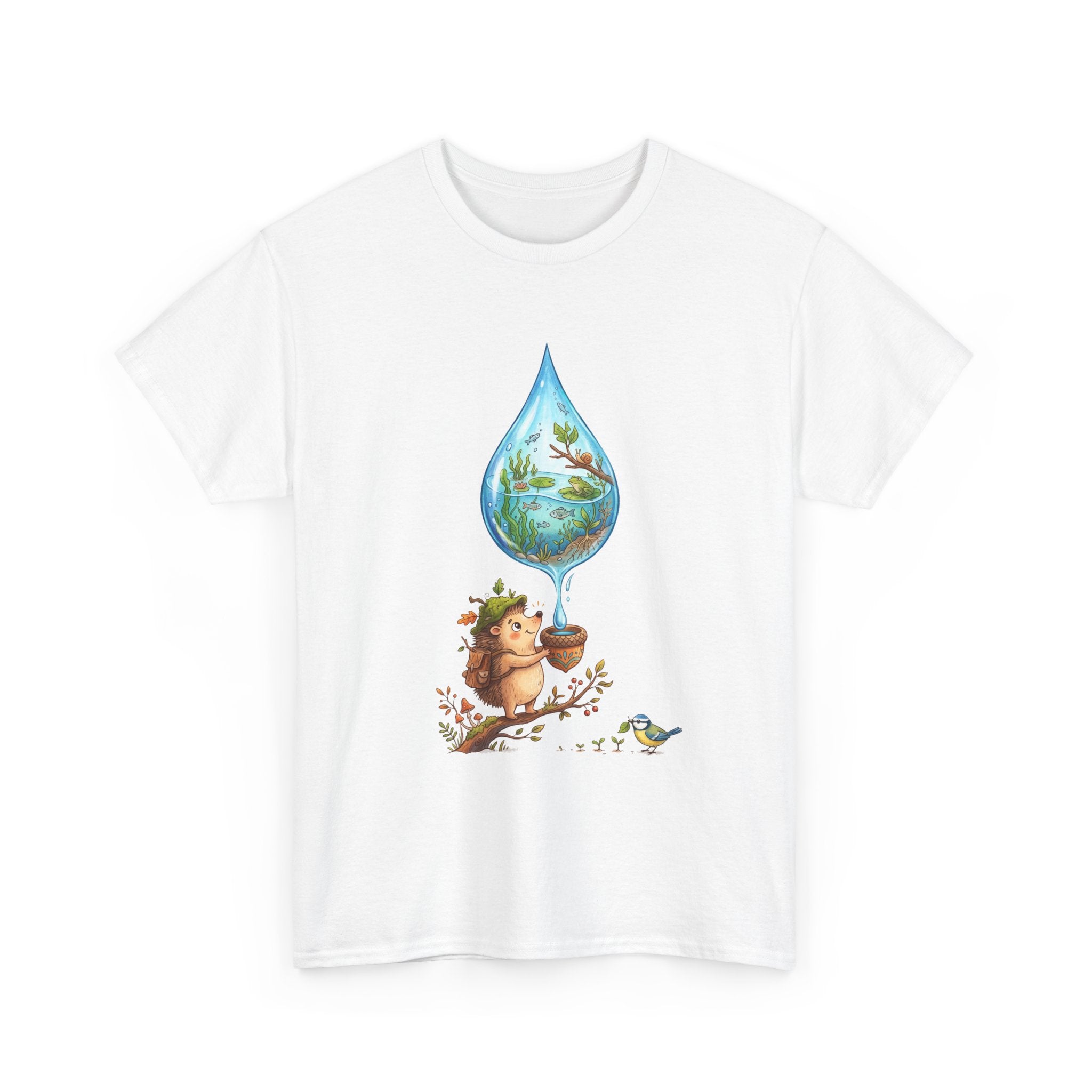 Eco Hedgehog Water Drop T‑Shirt — Wildlife Nature Illustration