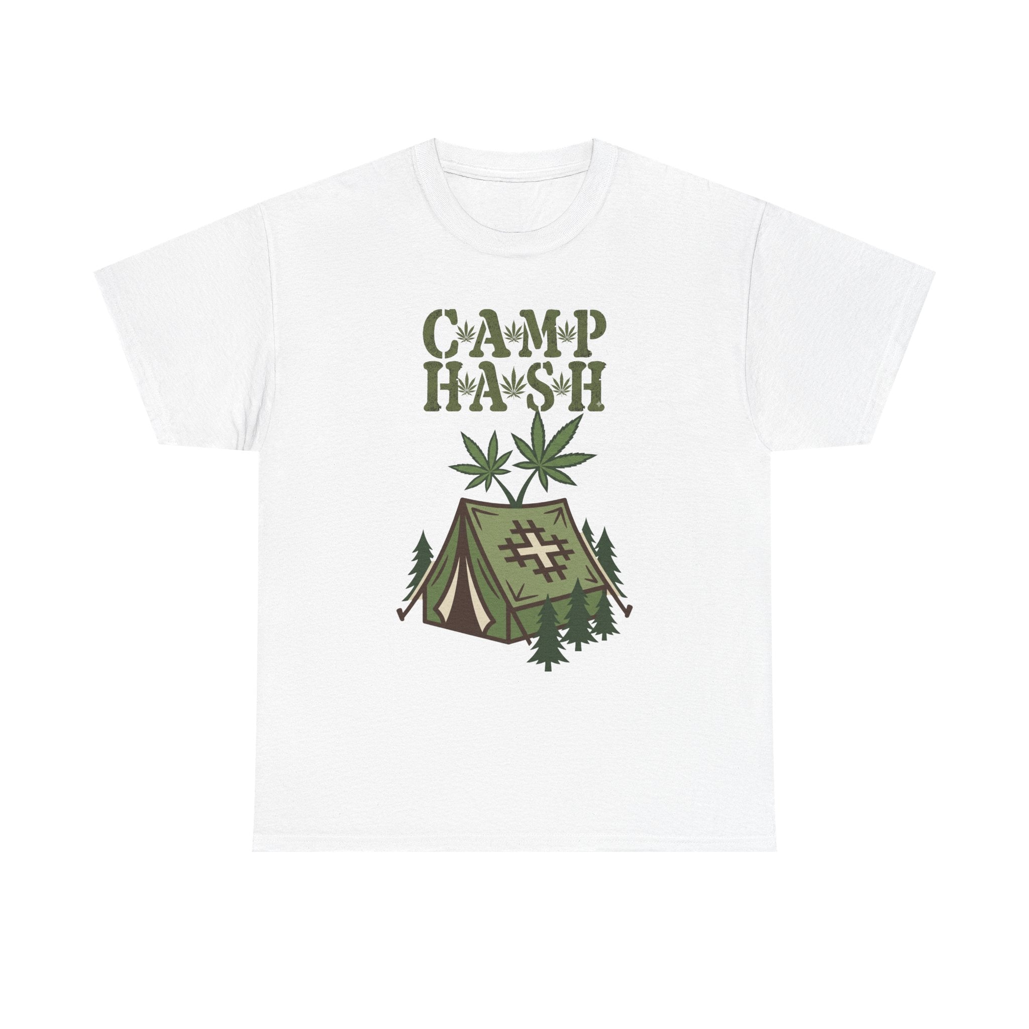 Camp Hash Cannabis Camping T‑Shirt — Retro Tent & Leaf Outdoor Smoke Tee