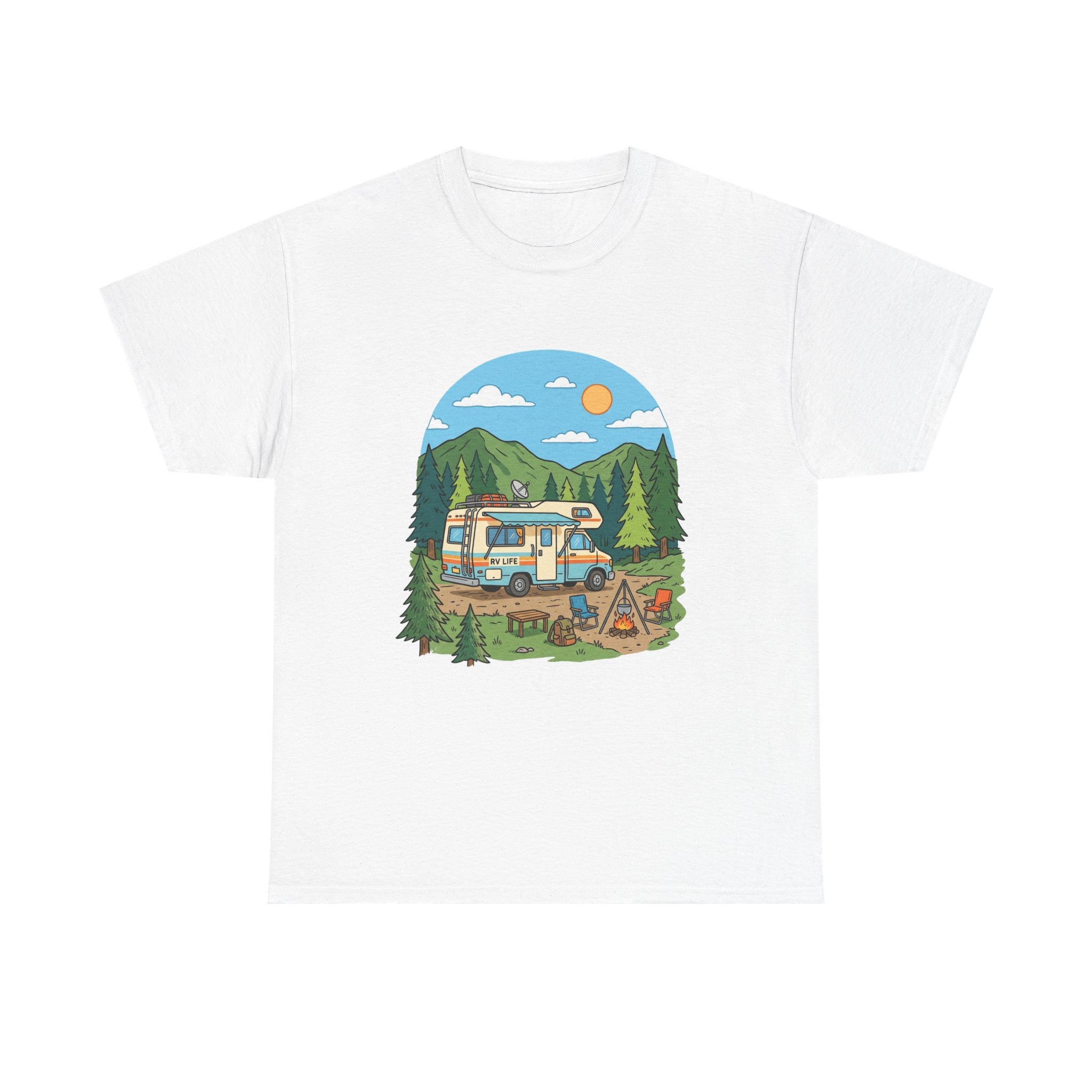 Camping Van Graphic Tee — Retro Camper Van & Campfire Outdoor Shirt