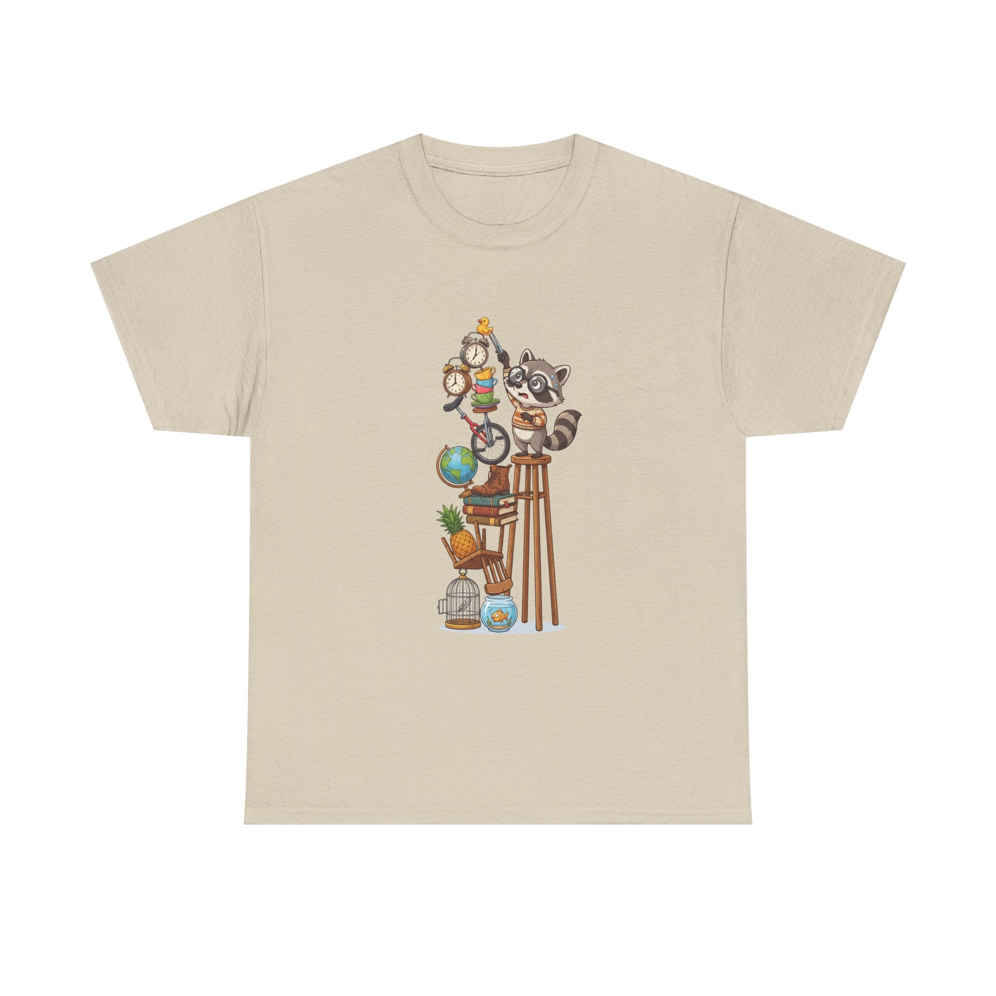 Raccoon & Curiosity Shelf T‑Shirt — Cute Scientist Animal Stack Graphic Tee