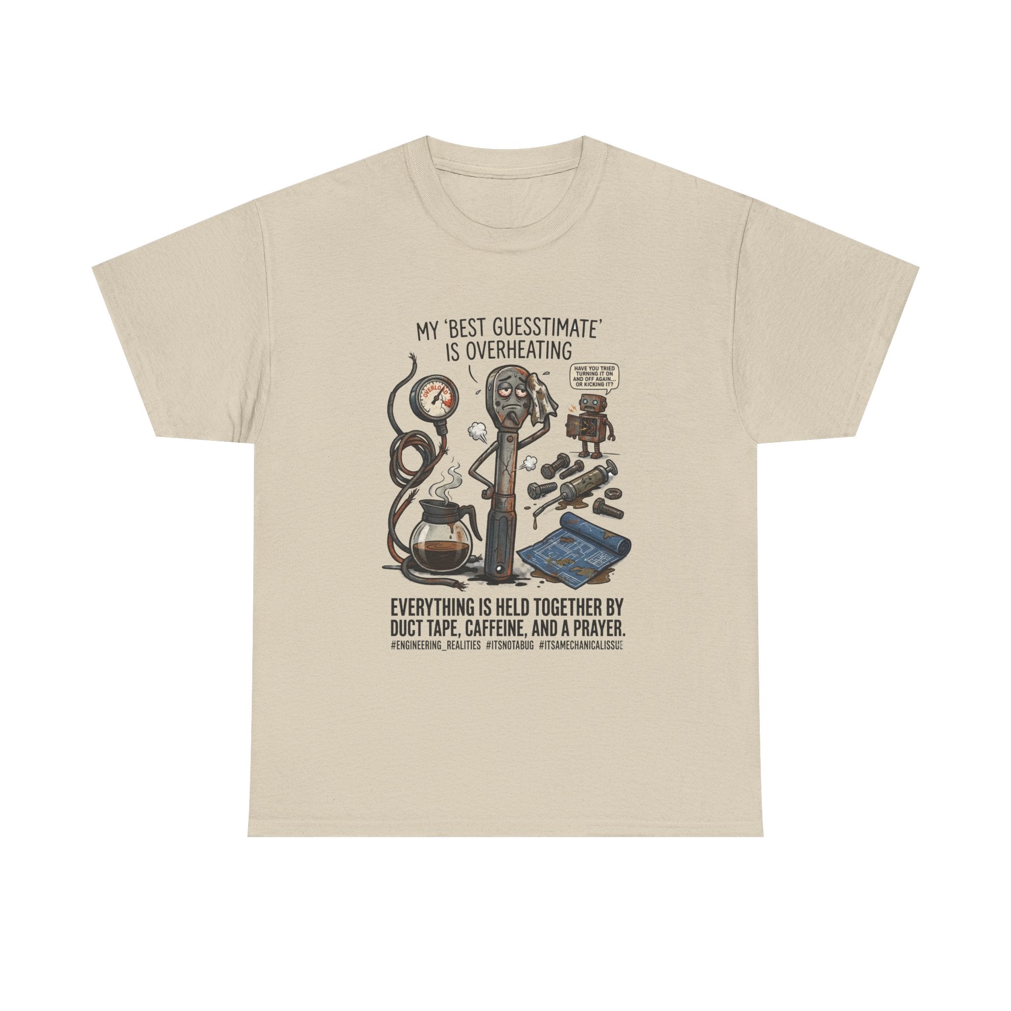 Mechanic Humor T-Shirt - "My Best Guessmate Is Overheating" Vintage Tools, Duct Tape & Caffeine Tee