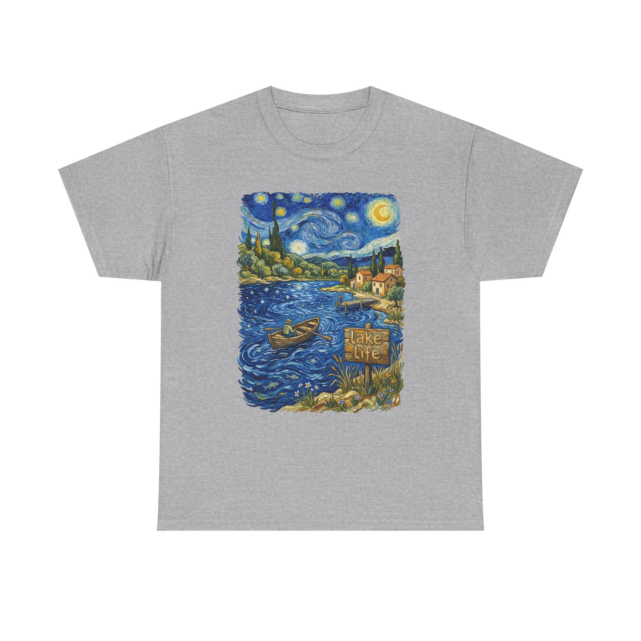 T-Shirt — Van Gogh Night Lake Art Tee (Boat on Starry Night)