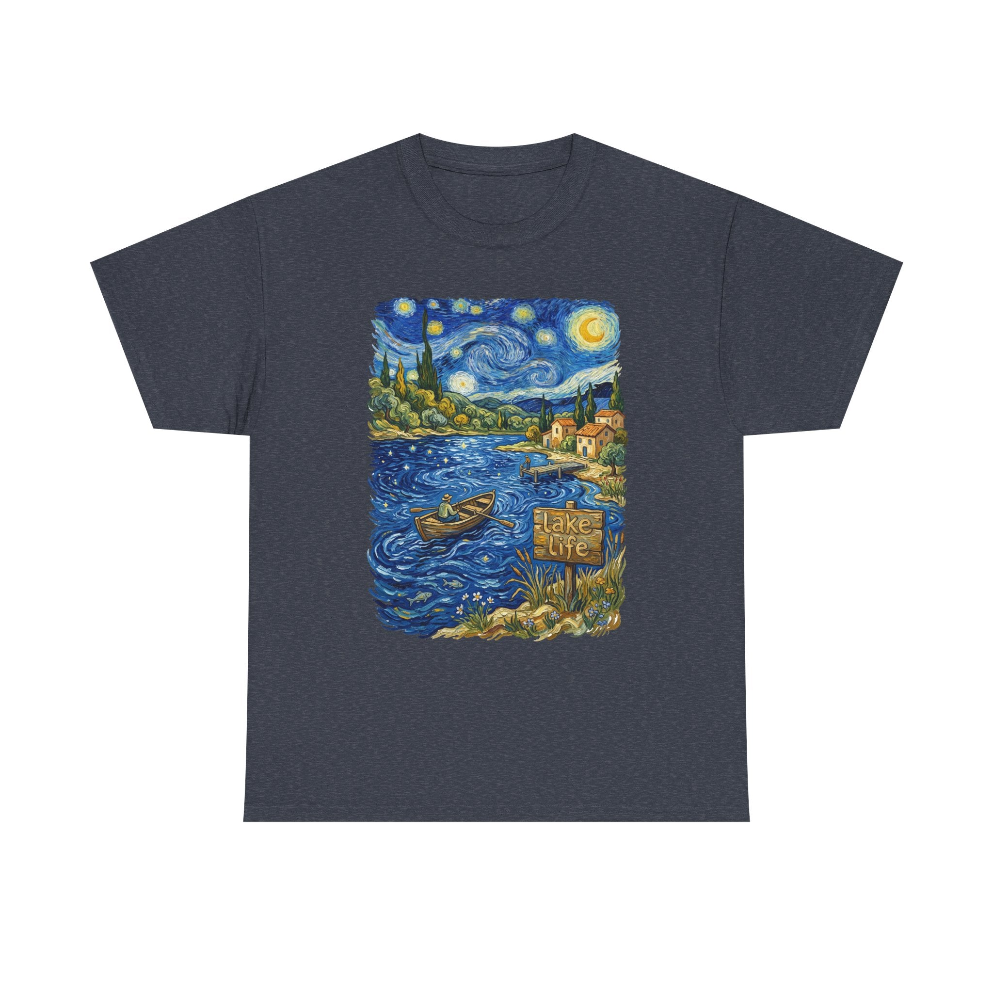 T-Shirt — Van Gogh Night Lake Art Tee (Boat on Starry Night)