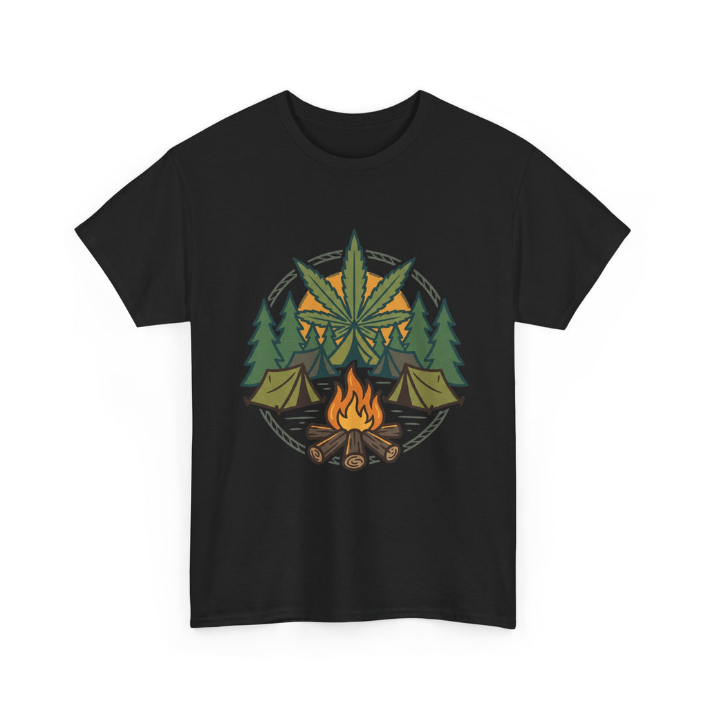 Camping Cannabis T‑Shirt – Outdoorsy Weed Leaf Campfire Graphic Tee