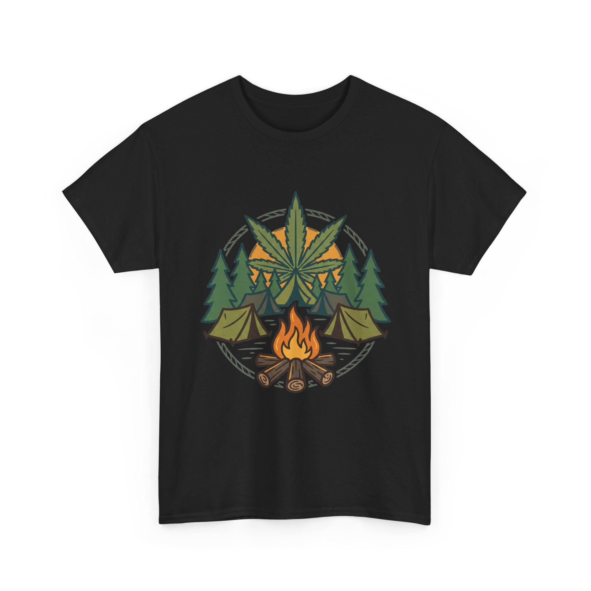 Camping Cannabis T‑Shirt – Outdoorsy Weed Leaf Campfire Graphic Tee