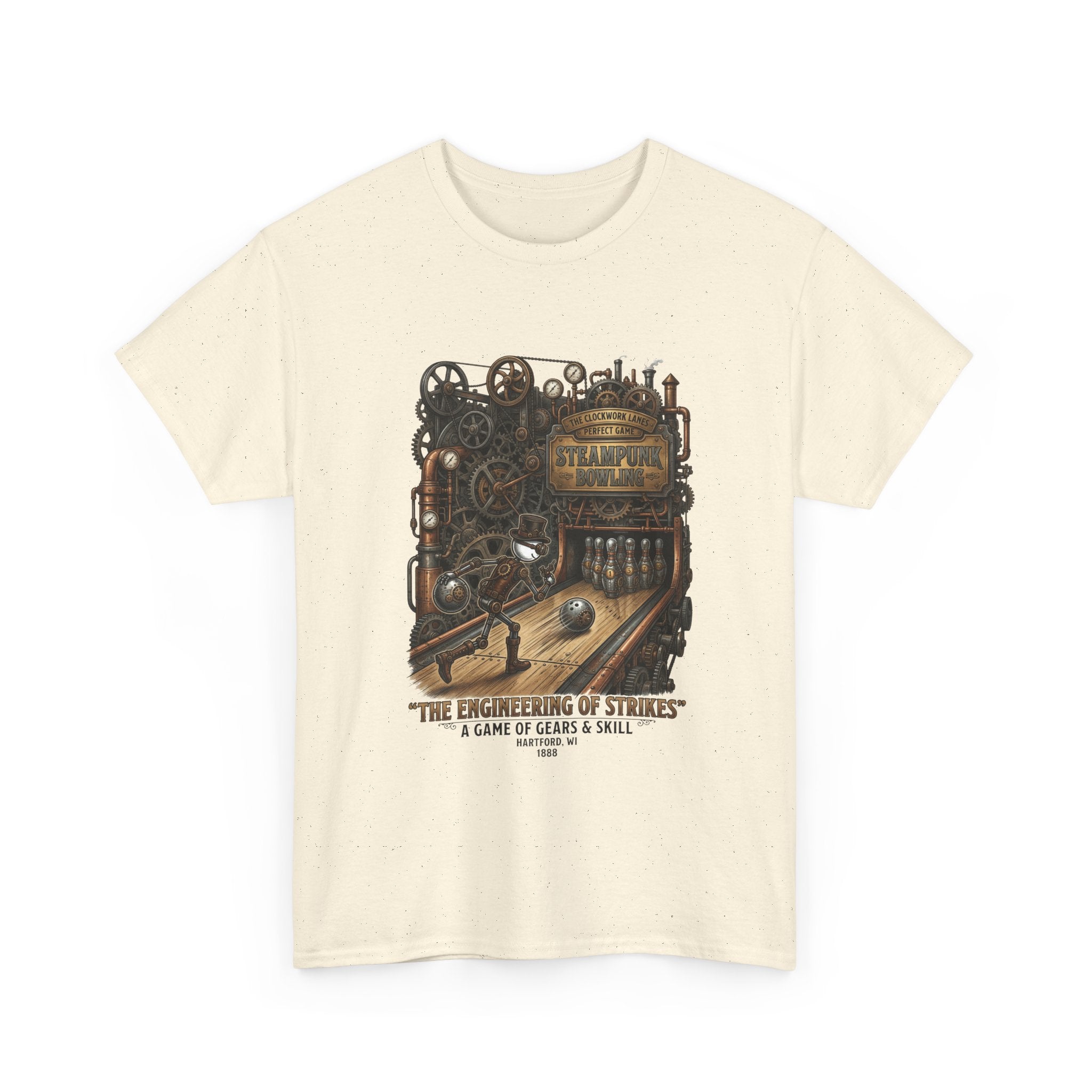 Steampunk Bowling T-Shirt — "The Engineering of Strikes" Vintage Gears Design