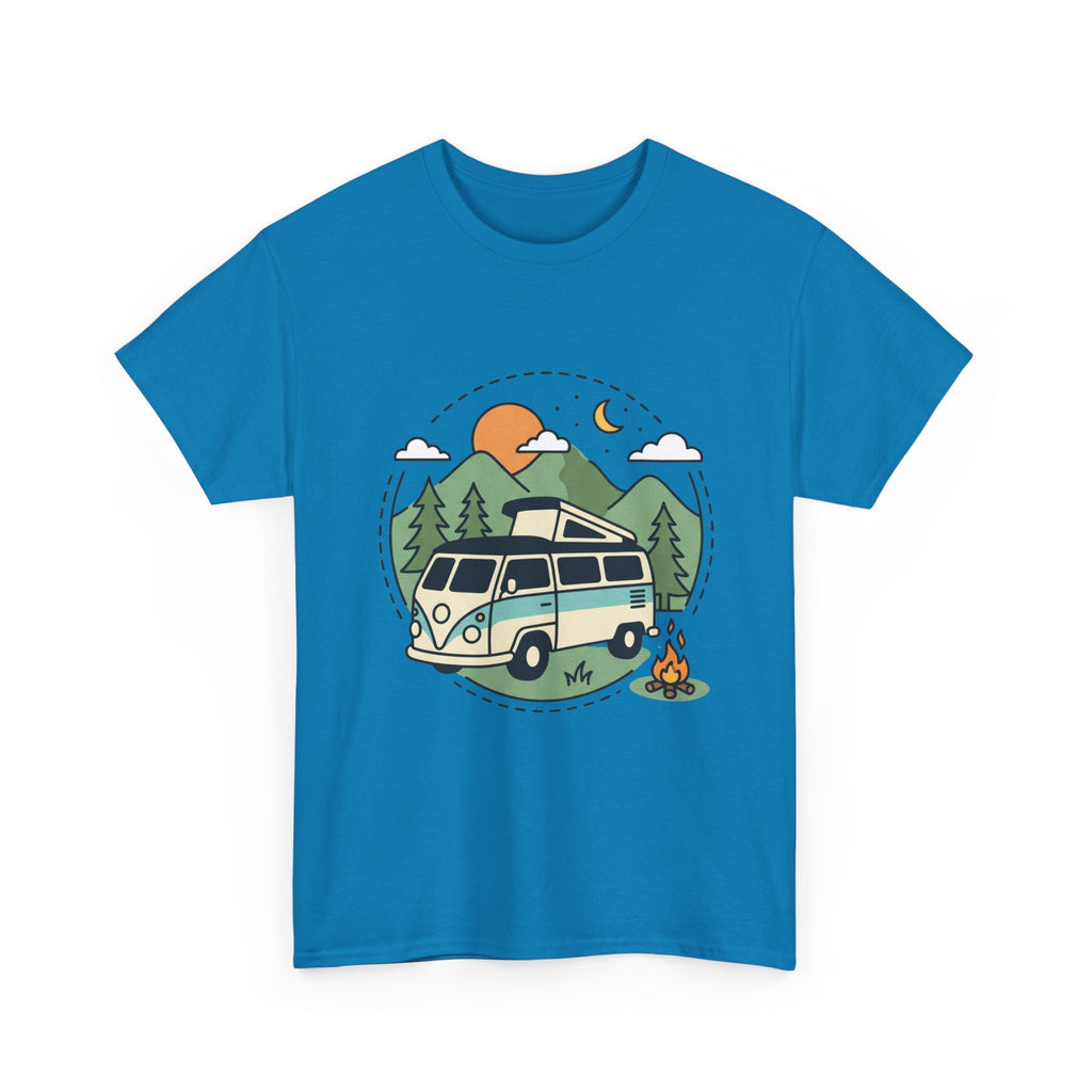 Camper Van Camping T‑Shirt — Retro Van, Mountains & Campfire Tee