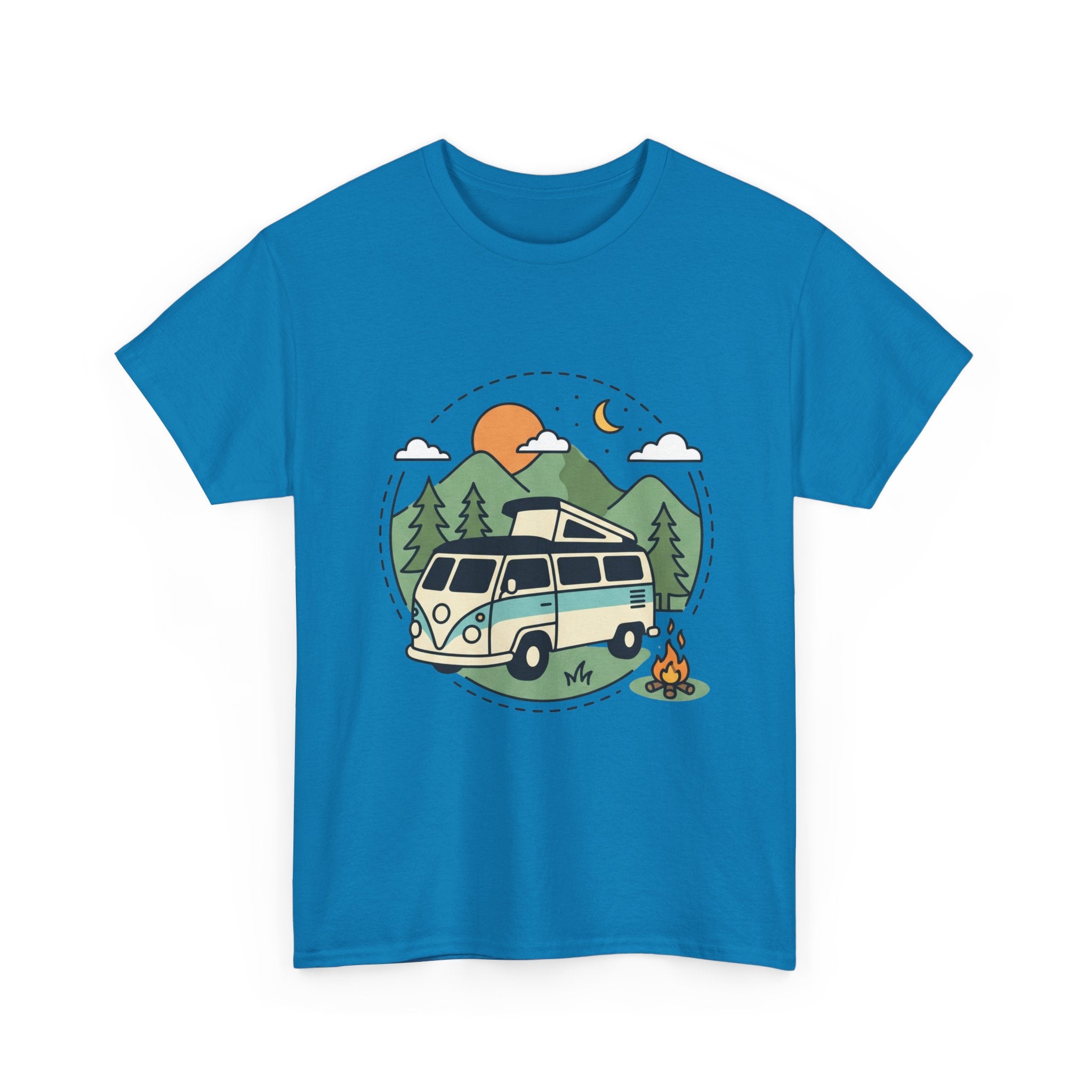 Camper Van Camping T‑Shirt — Retro Van, Mountains & Campfire Tee
