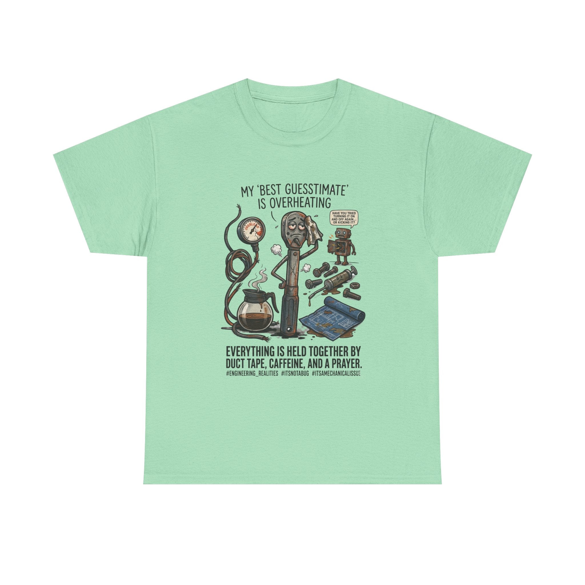 Mechanic Humor T-Shirt - "My Best Guessmate Is Overheating" Vintage Tools, Duct Tape & Caffeine Tee