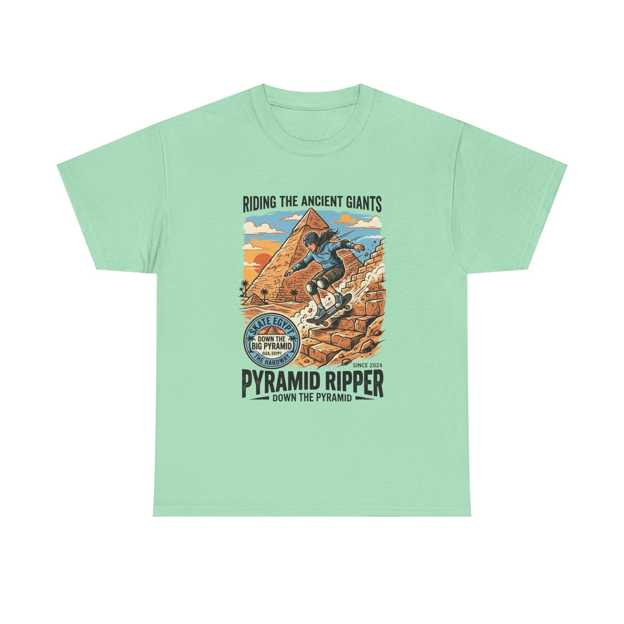 Pyramid Skateboarder T-Shirt — 'Riding the Ancient Giants' Vintage Surf Graphic