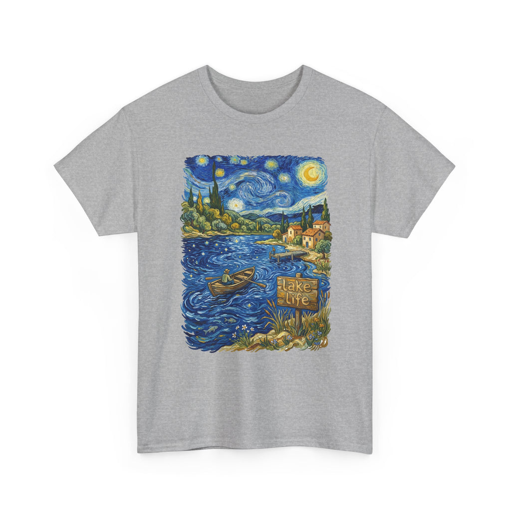 T-Shirt — Van Gogh Night Lake Art Tee (Boat on Starry Night)