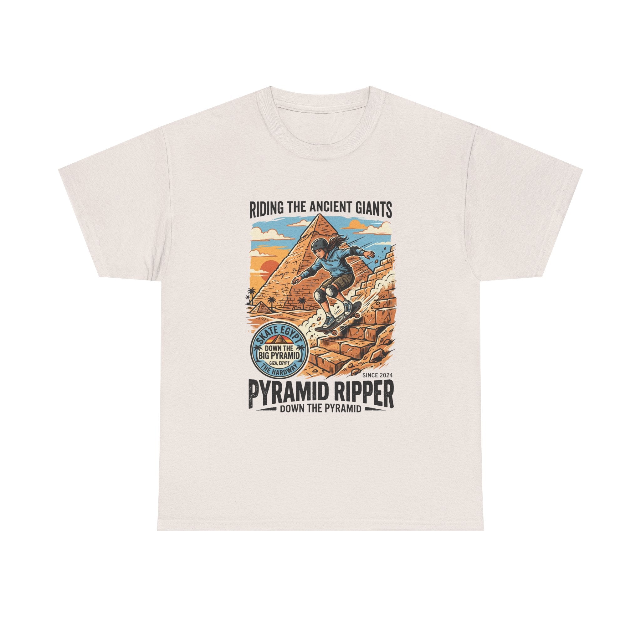 Pyramid Skateboarder T-Shirt — 'Riding the Ancient Giants' Vintage Surf Graphic