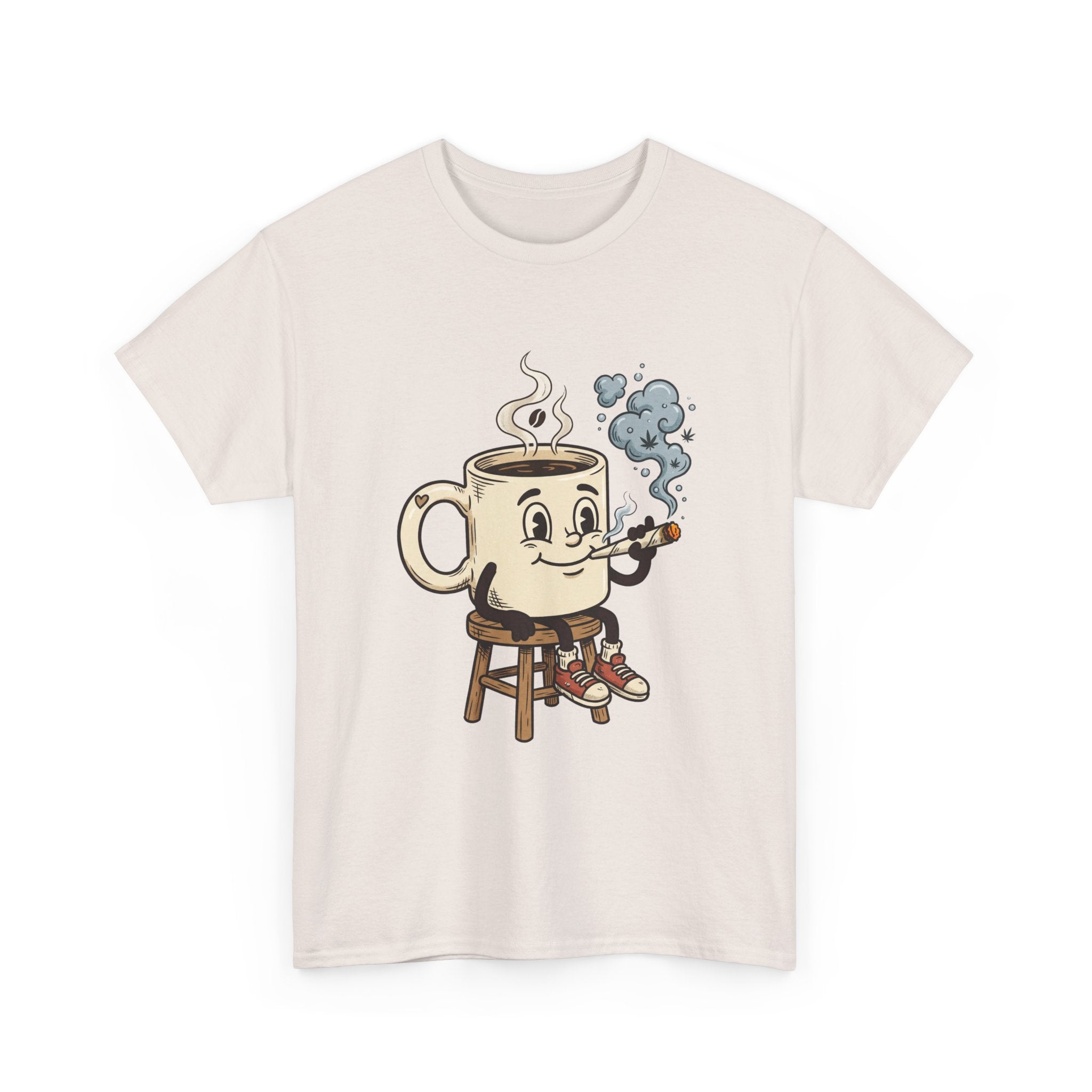 Coffee and a joint Character Tee — Retro Smiling Cup Smoking weed Graphic T-Shirt