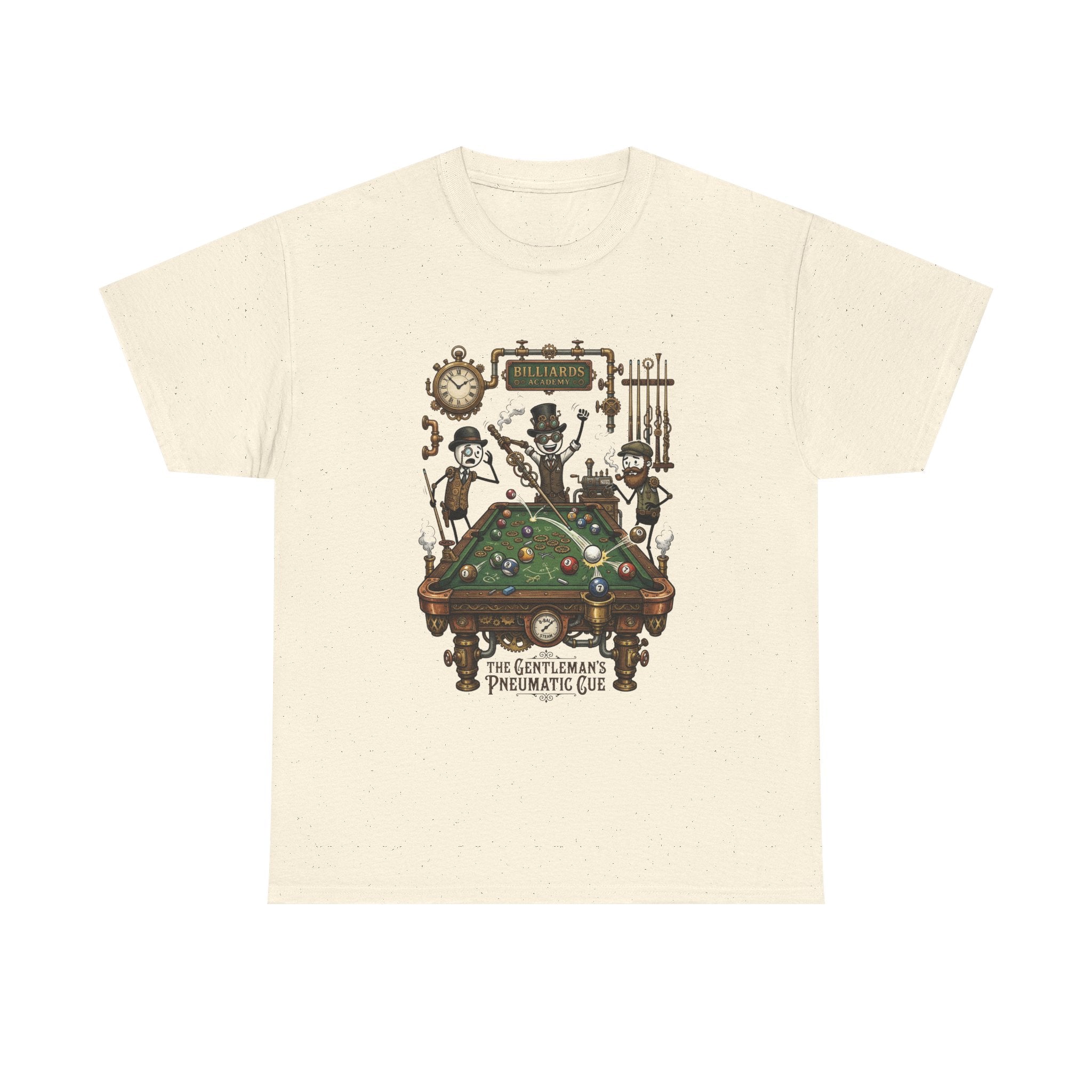Steampunk Billiards Tee – 'The Gentleman's Pneumatic Cue' Pool Table Graphic Shirt