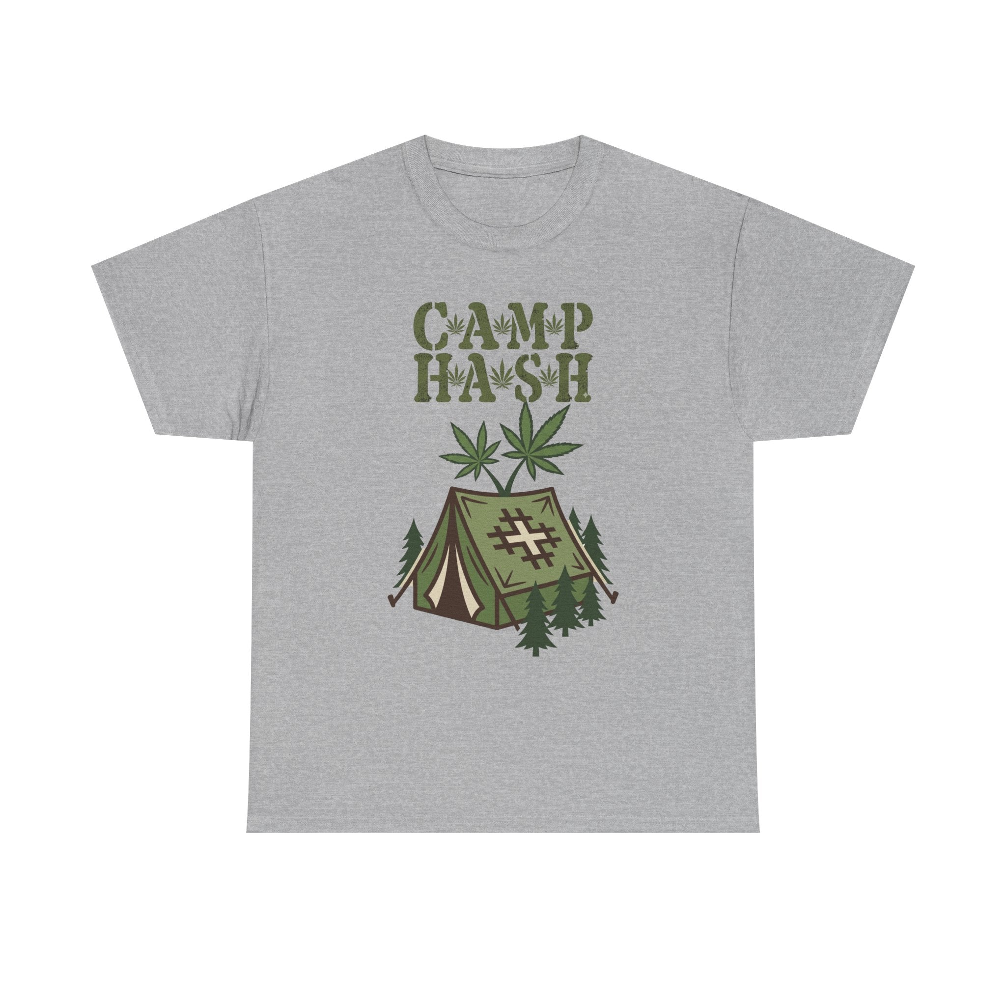 Camp Hash Cannabis Camping T‑Shirt — Retro Tent & Leaf Outdoor Smoke Tee