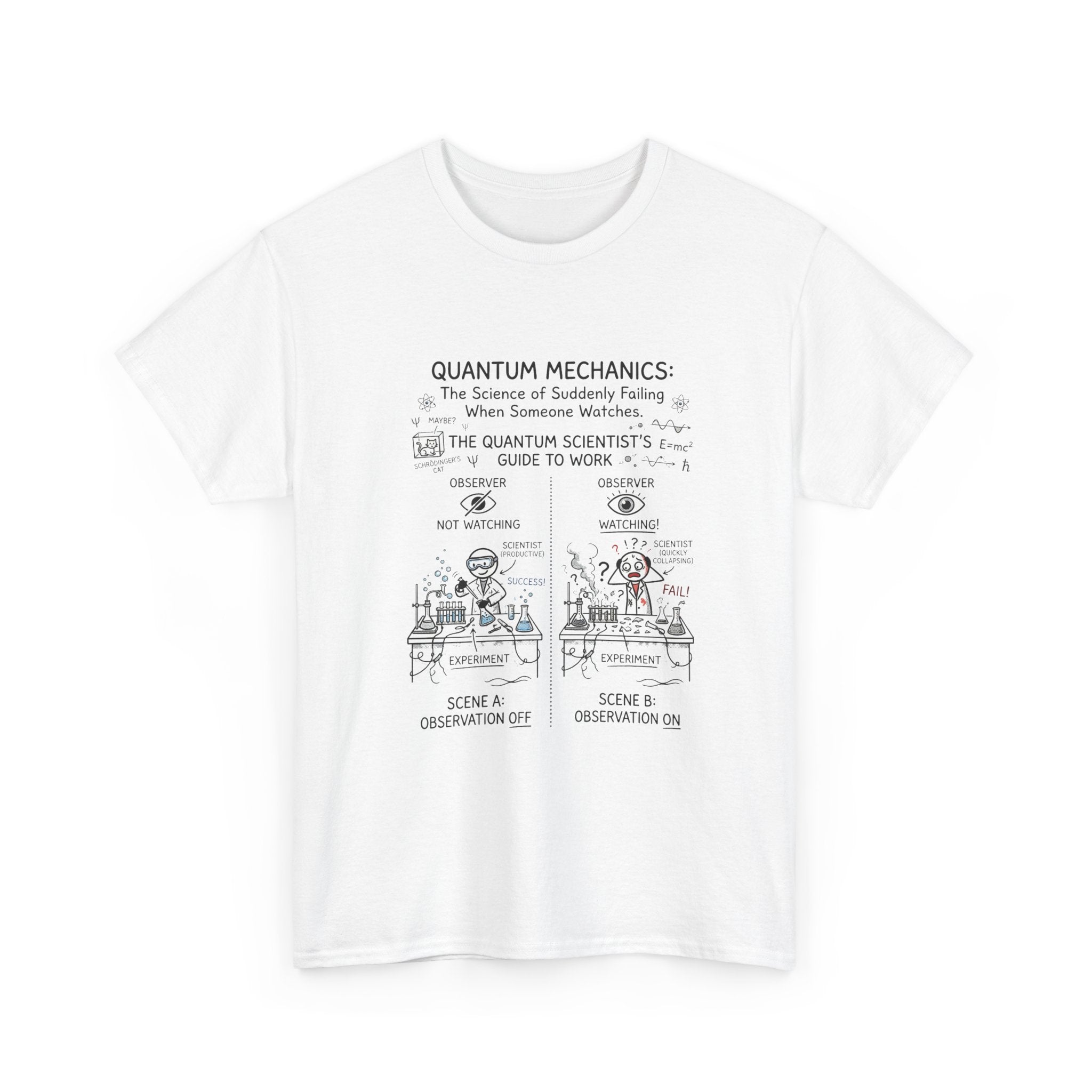 Quantum Mechanics Cartoon T‑Shirt — Funny Science Diagram Tee