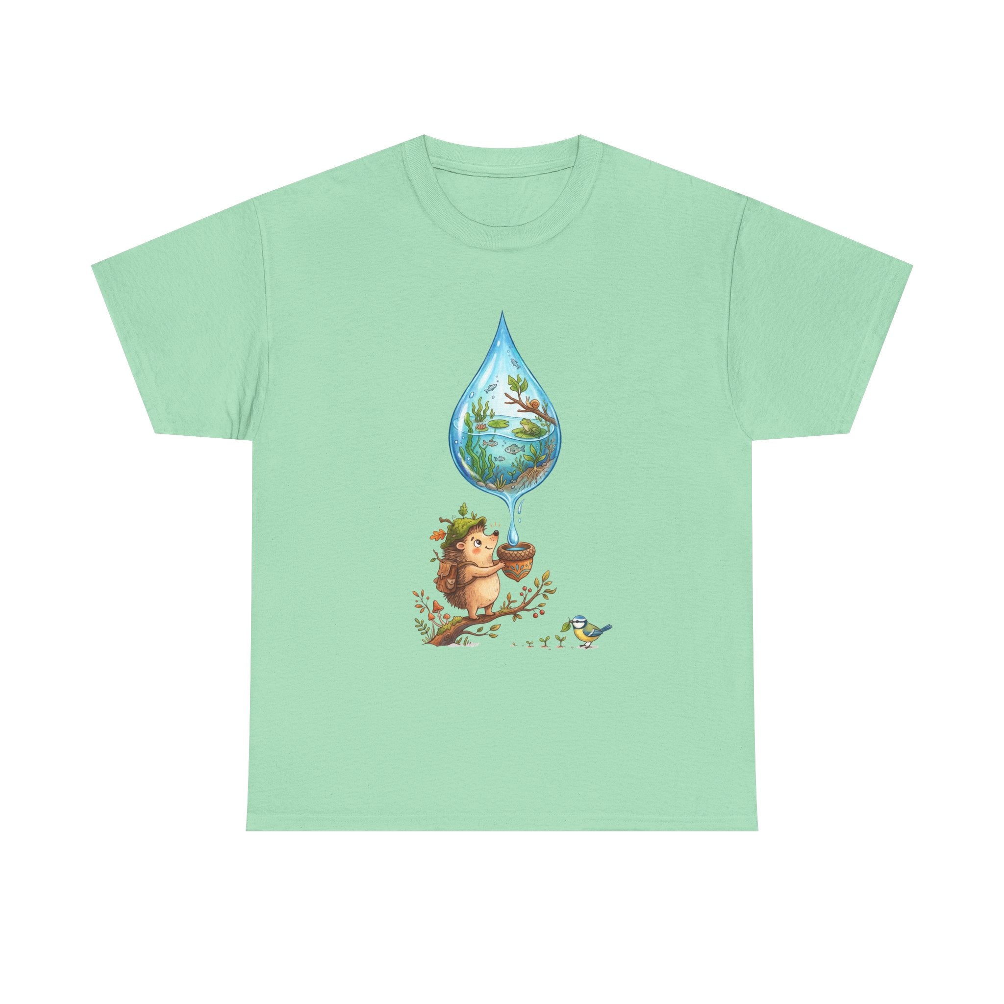 Eco Hedgehog Water Drop T‑Shirt — Wildlife Nature Illustration