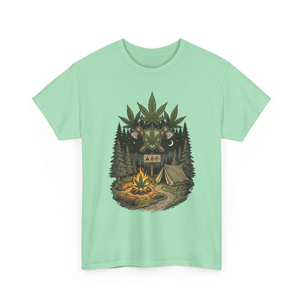 Camping Bear Graphic Tee — Forest Campfire & Leaf Emblem T-Shirt