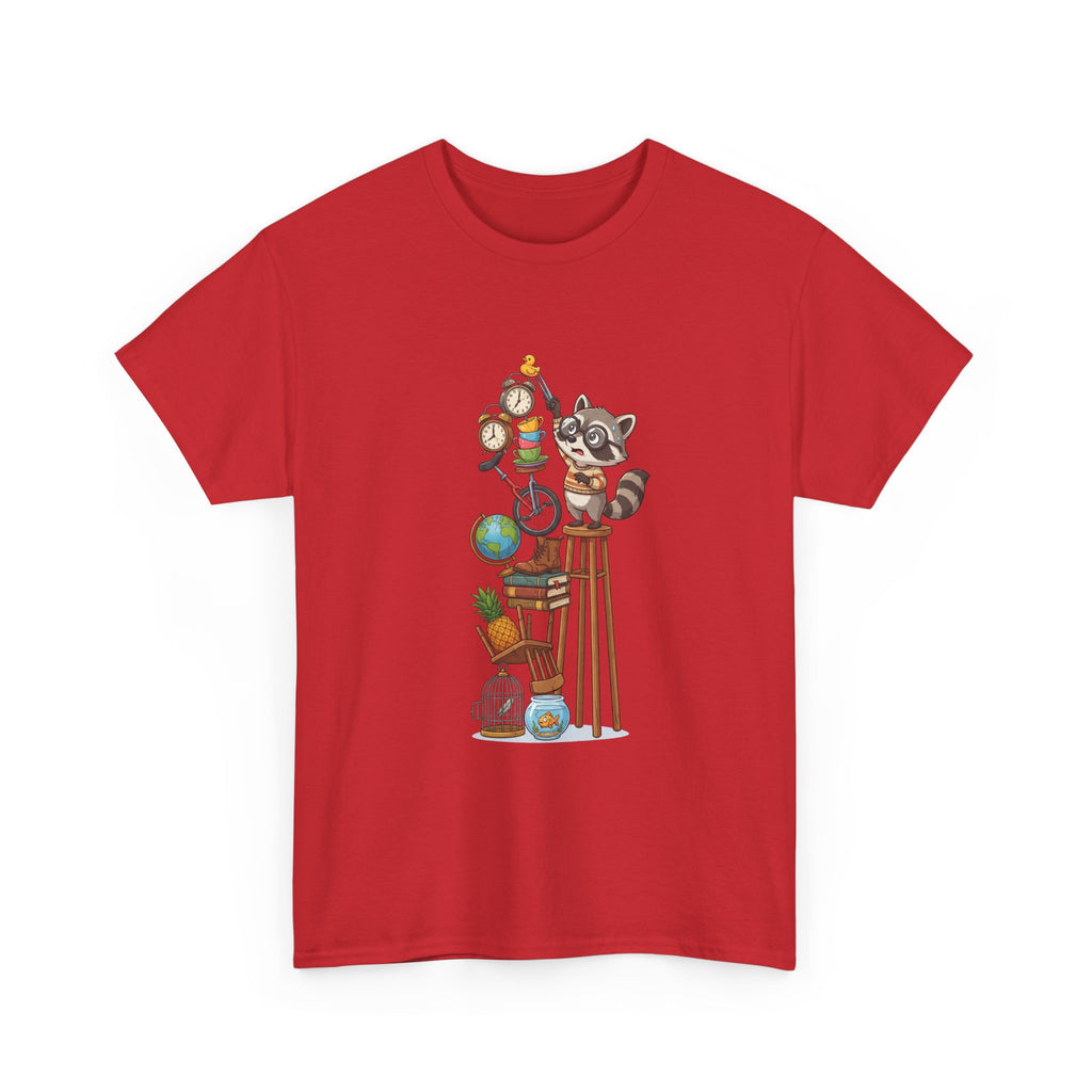 Raccoon & Curiosity Shelf T‑Shirt — Cute Scientist Animal Stack Graphic Tee