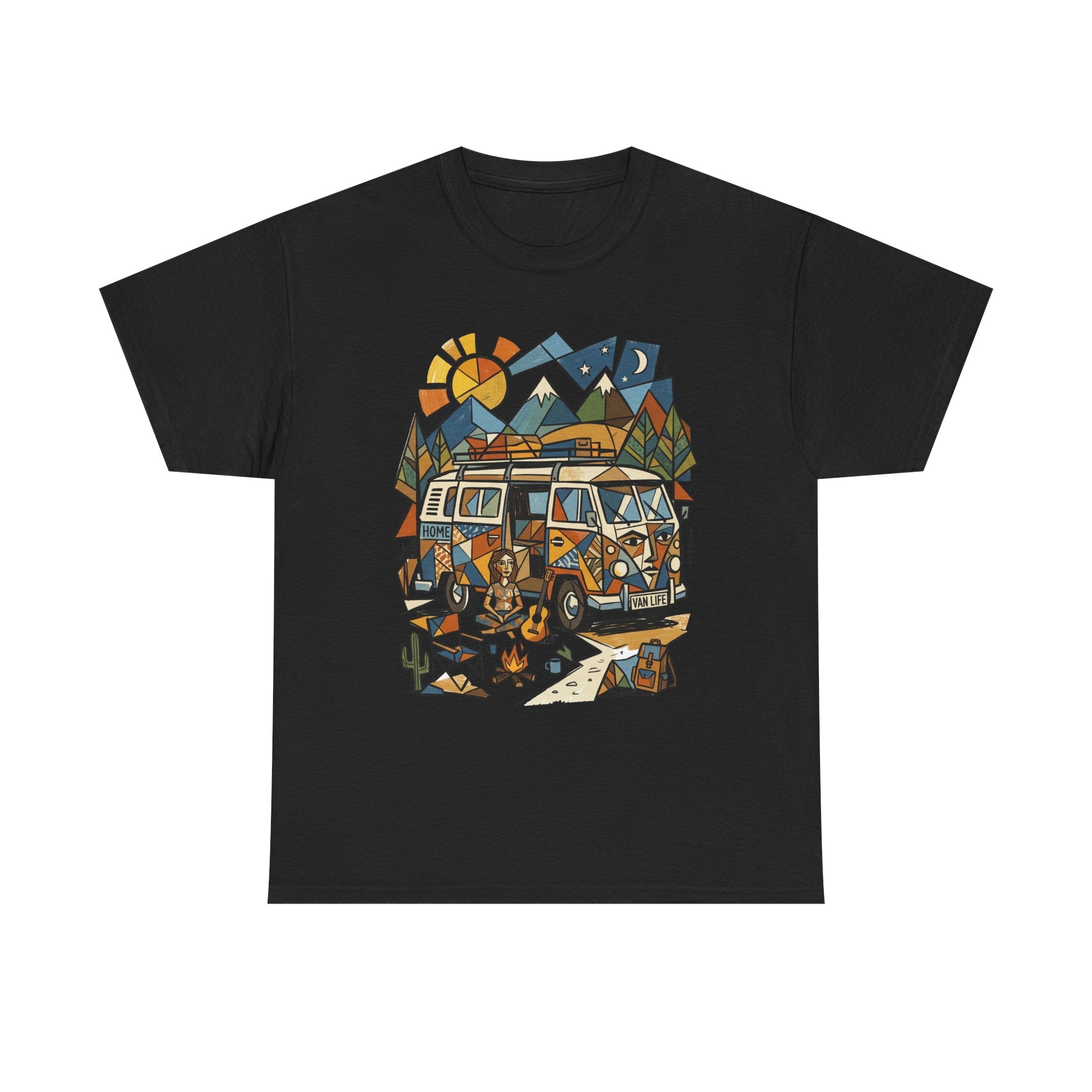 Adventure Van Camping T-Shirt — Retro Camper Van, Mountains & Campfire Graphic Tee