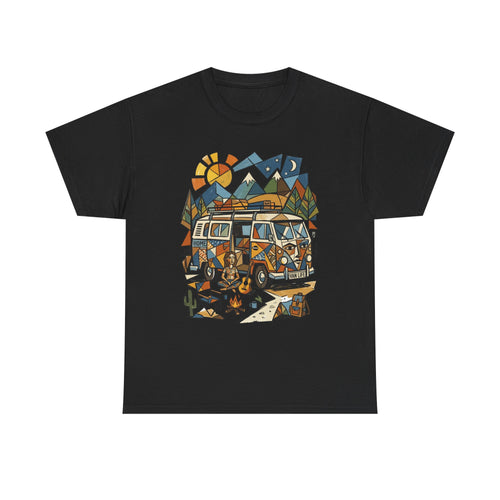 Adventure Van Camping T-Shirt — Retro Camper Van, Mountains & Campfire Graphic Tee