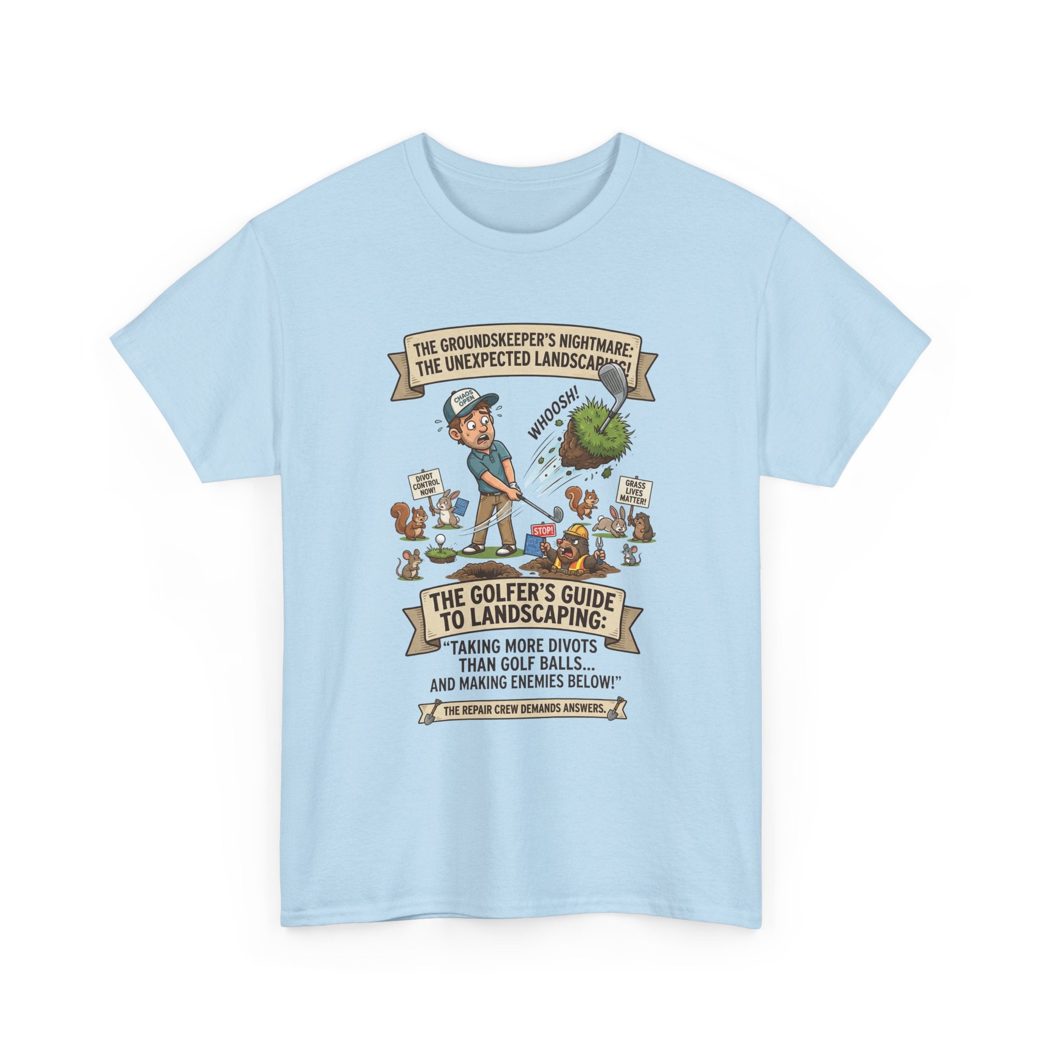 Golf T-Shirt — "The Golfer’s Guide to Landscaping" Funny Divot Course Humor Tee