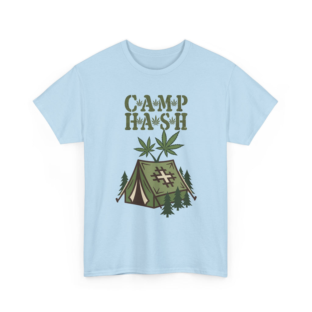 Camp Hash Cannabis Camping T‑Shirt — Retro Tent & Leaf Outdoor Smoke Tee