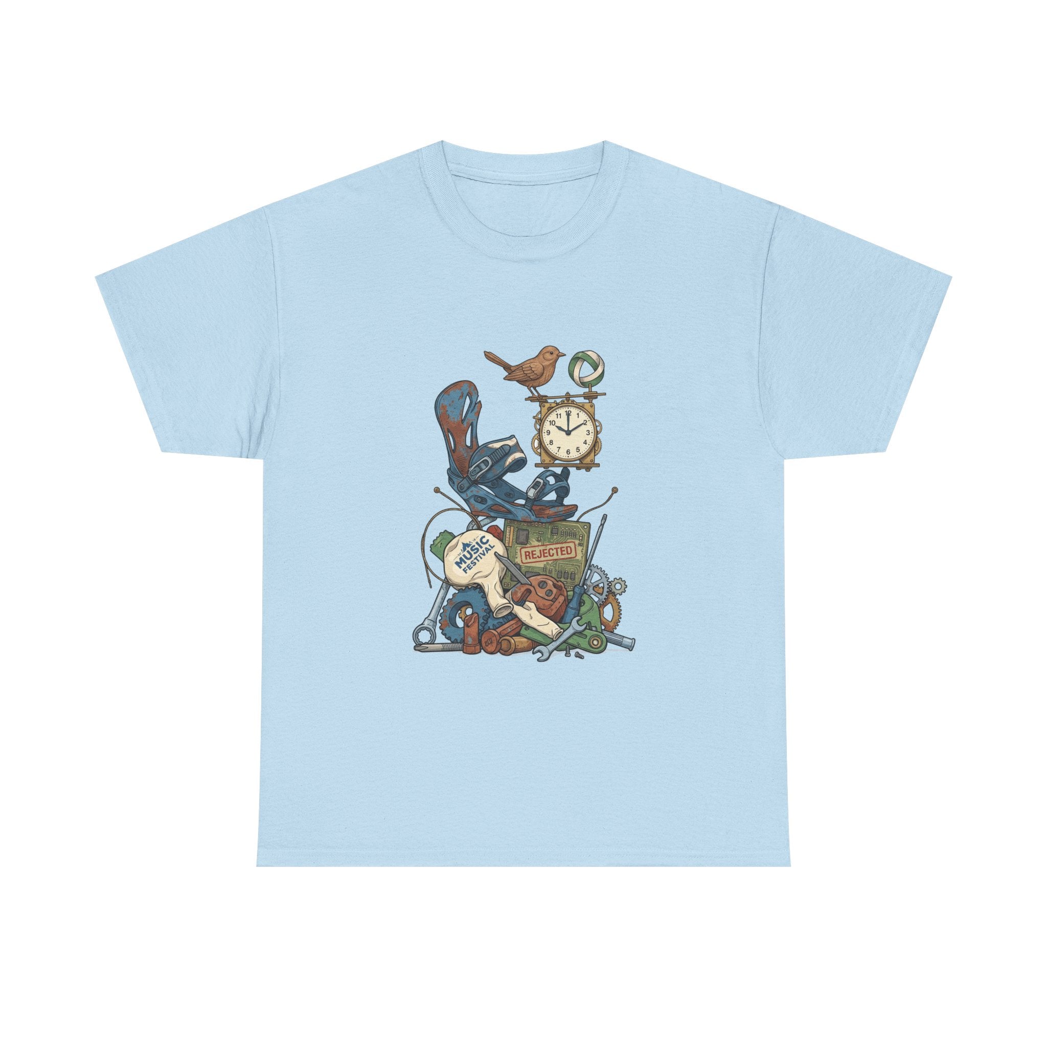 Vintage Hobbies Stack T-Shirt — Retro Clock, Guitar & Tools Illustration
