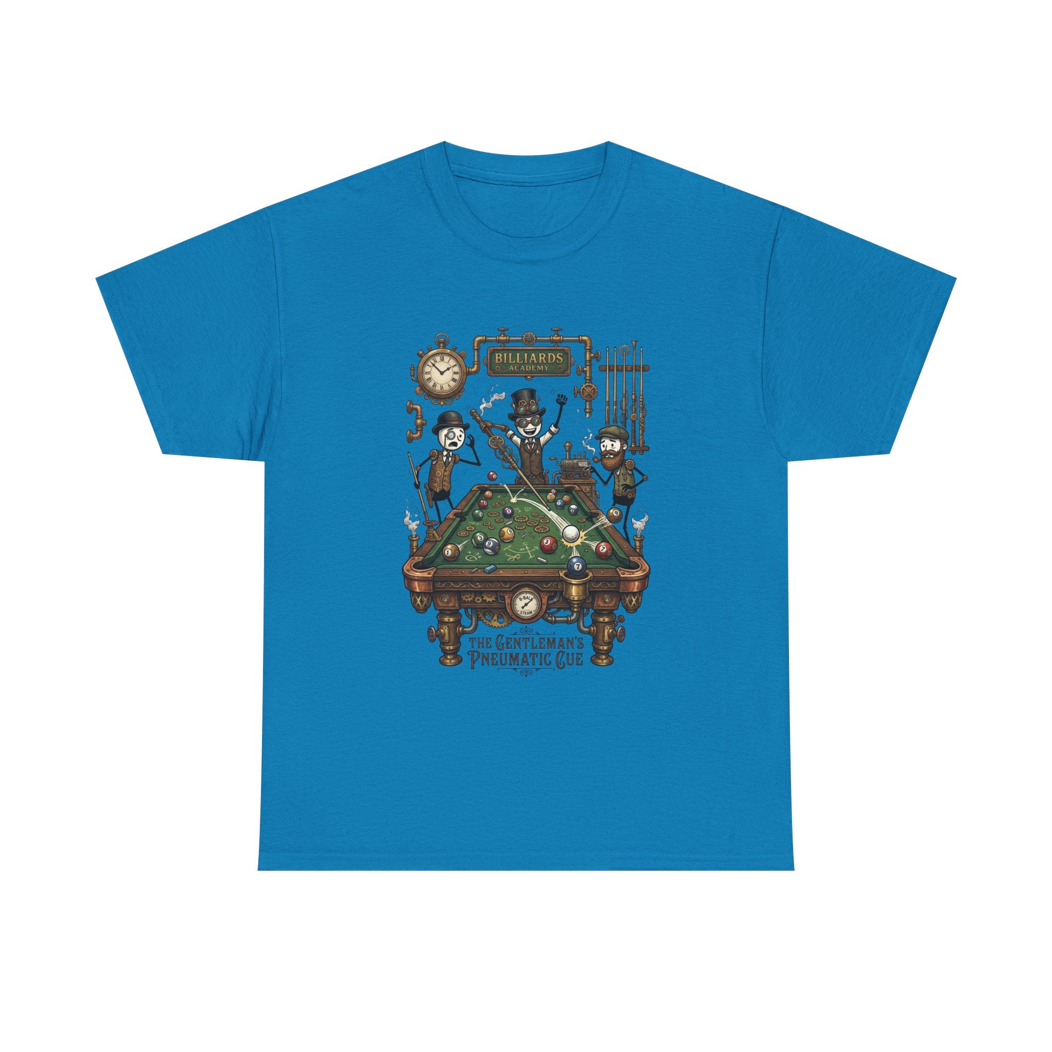 Steampunk Billiards Tee – 'The Gentleman's Pneumatic Cue' Pool Table Graphic Shirt