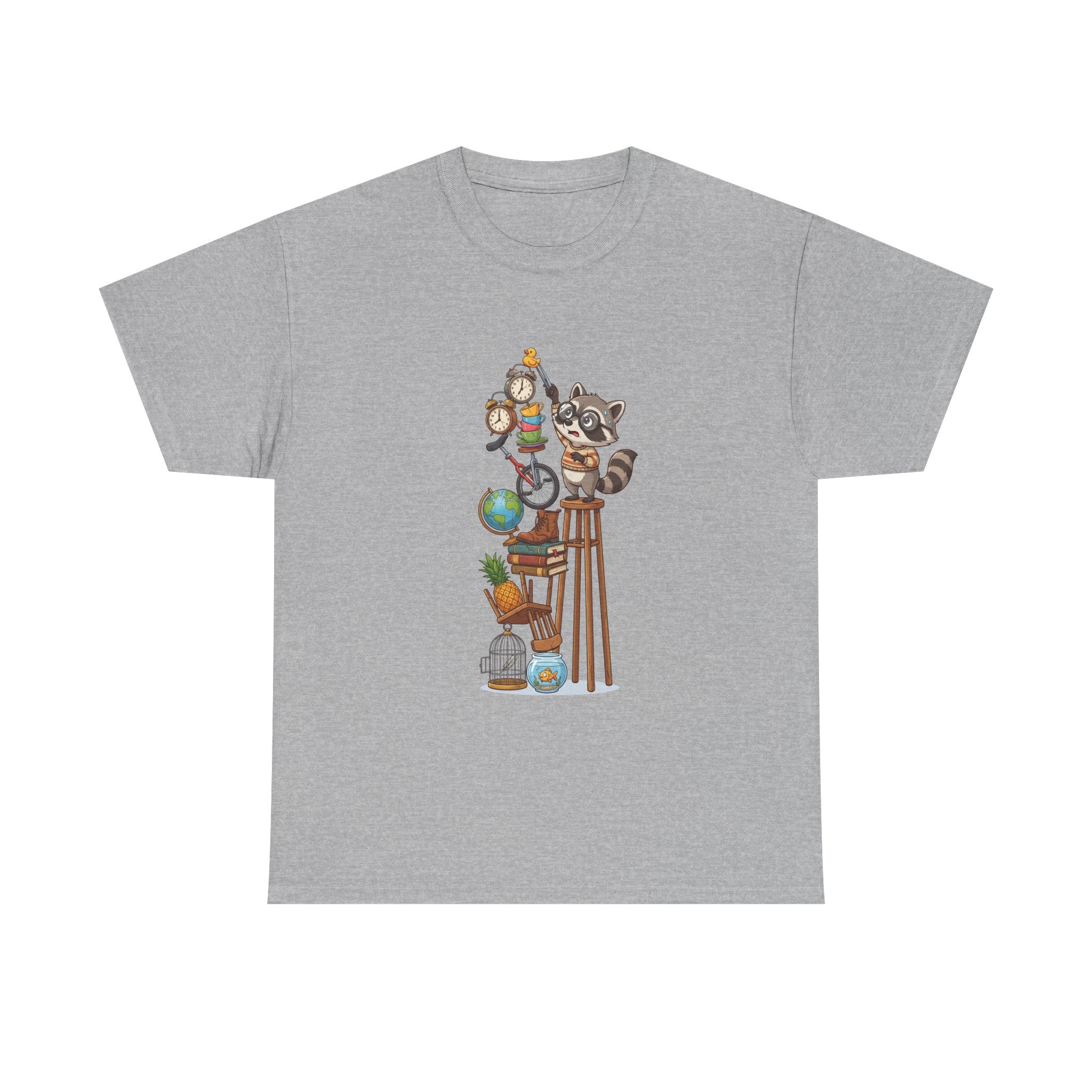 Raccoon & Curiosity Shelf T‑Shirt — Cute Scientist Animal Stack Graphic Tee