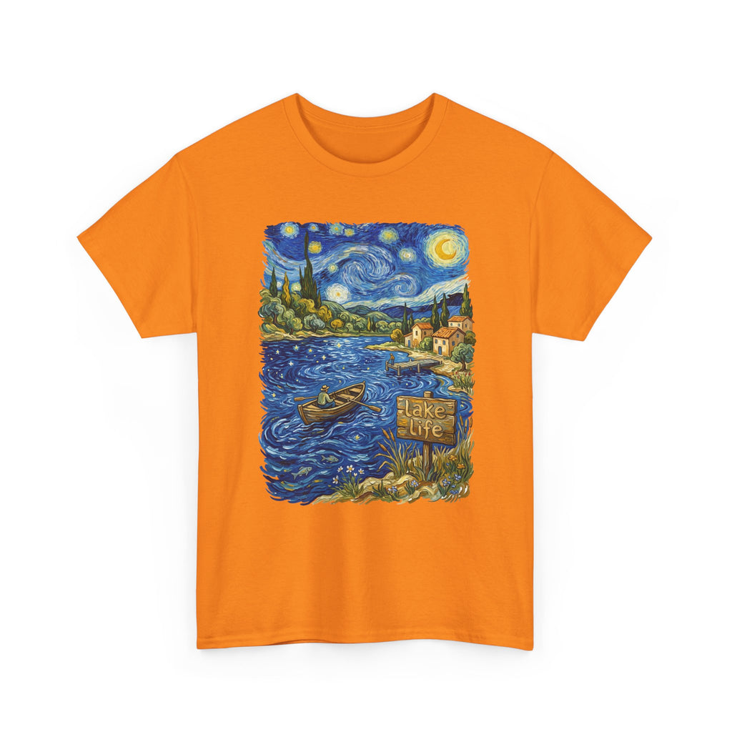 T-Shirt — Van Gogh Night Lake Art Tee (Boat on Starry Night)