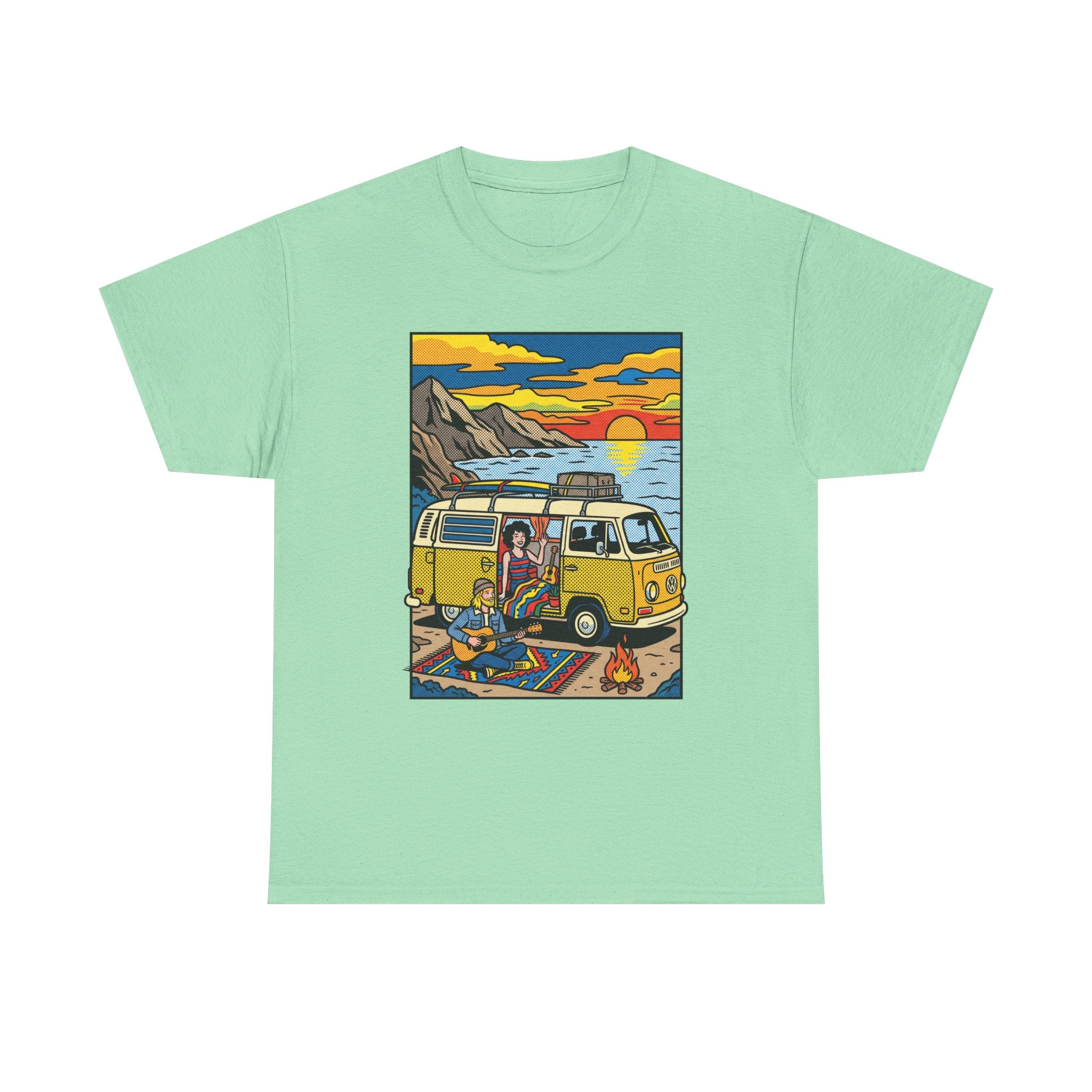Surf Van Sunset T‑Shirt — Retro Camper Beach Scene Tee
