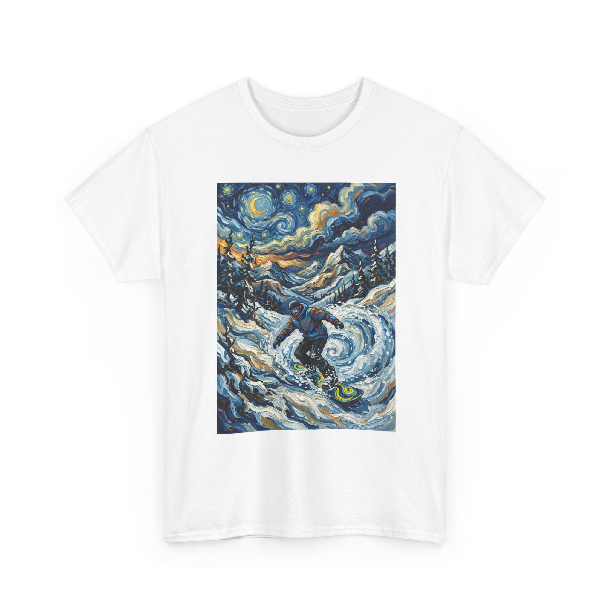 Snowboarder Van Gogh Style Tee — Starry Night Snowboarding Graphic Shirt