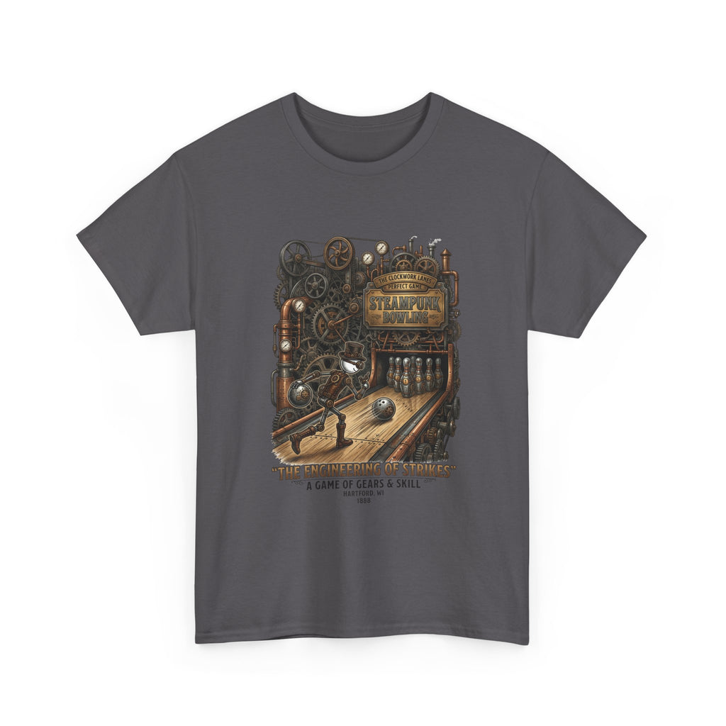 Steampunk Bowling T-Shirt — "The Engineering of Strikes" Vintage Gears Design