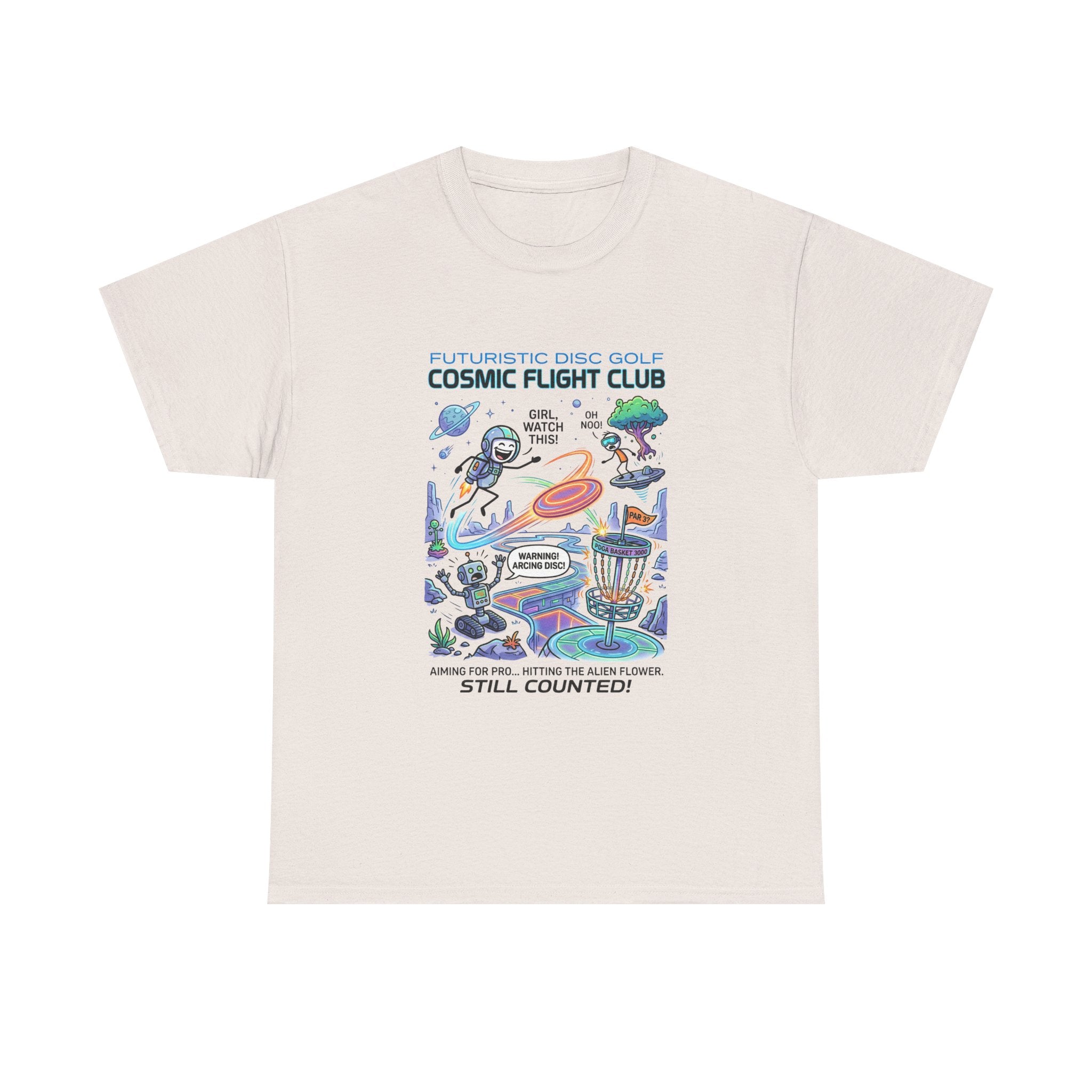 Cosmic Flight Club Disc Golf T-Shirt — Futuristic Outer Space Design