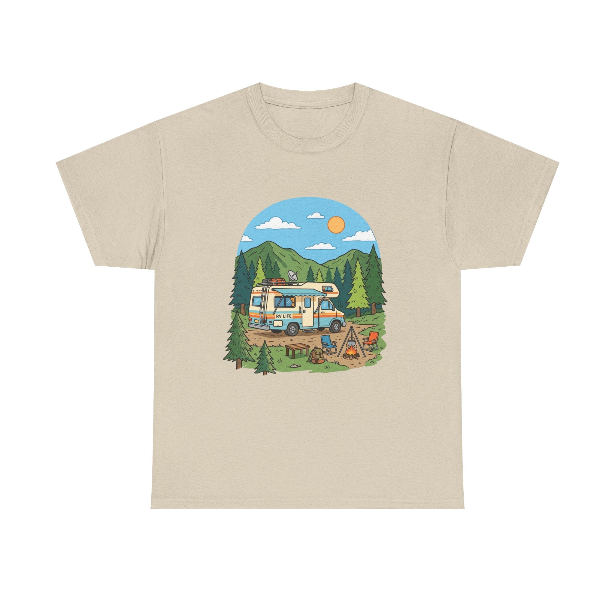 Camping Van Graphic Tee — Retro Camper Van & Campfire Outdoor Shirt