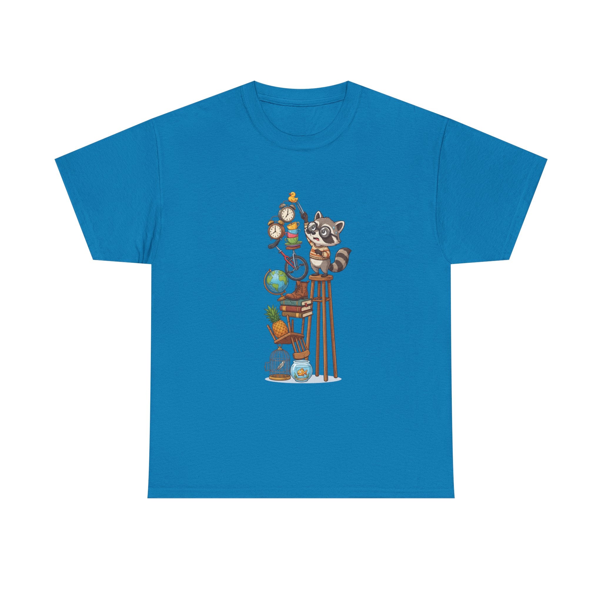 Raccoon & Curiosity Shelf T‑Shirt — Cute Scientist Animal Stack Graphic Tee