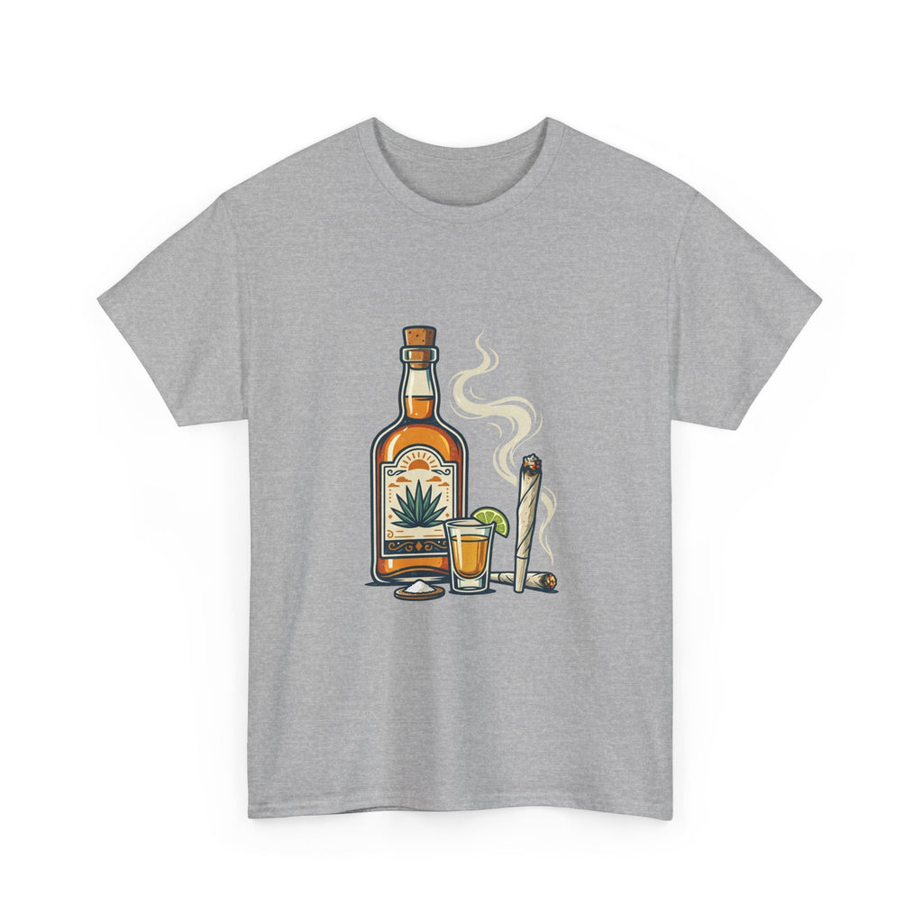 Tequila & Joint T-Shirt — Mexican Agave Bottle with Shot Glass and Joint Graphic
