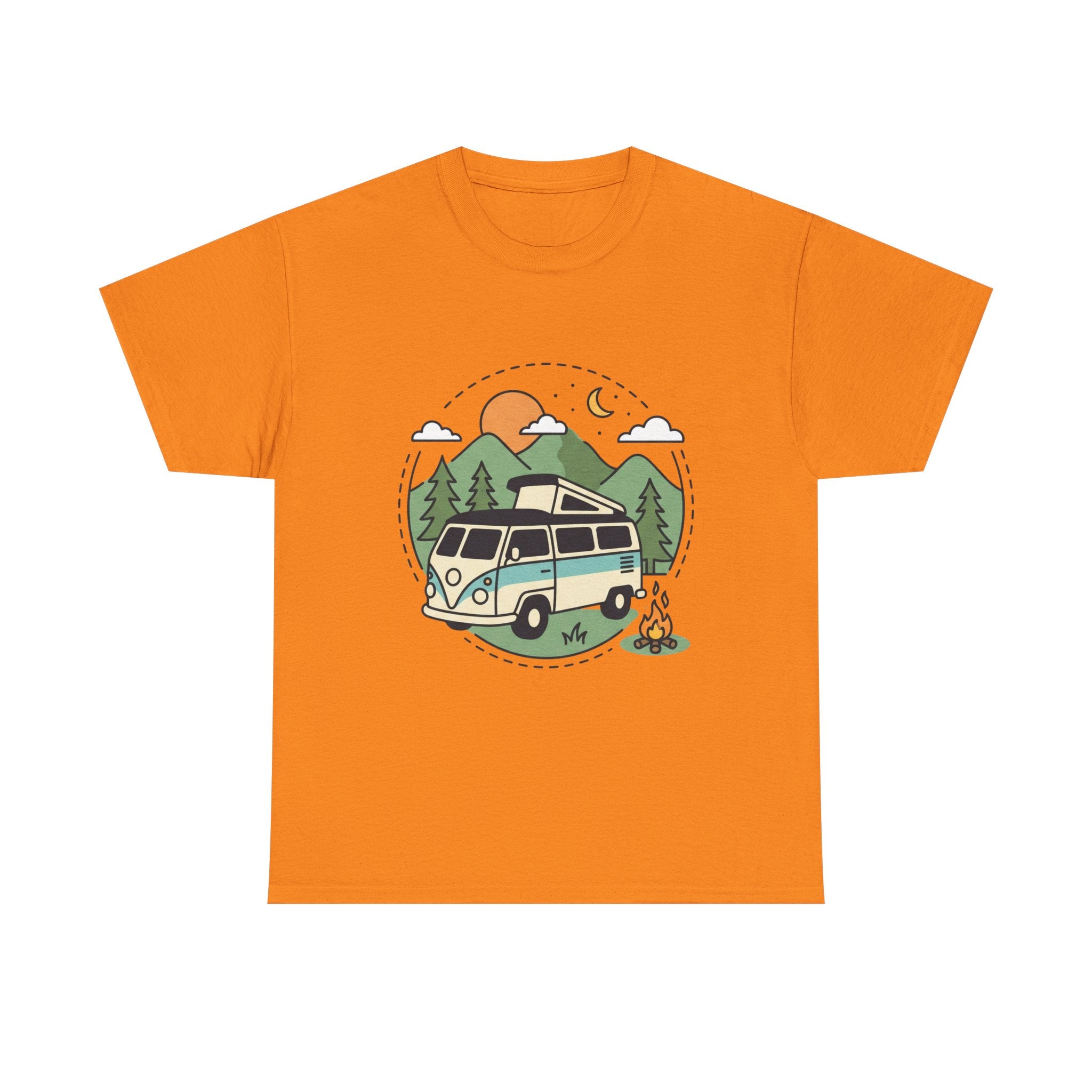 Camper Van Camping T‑Shirt — Retro Van, Mountains & Campfire Tee