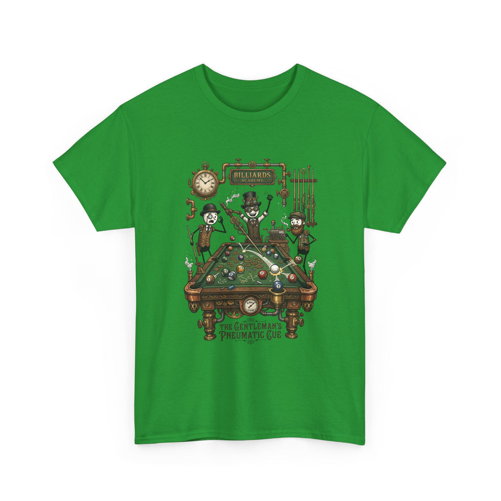 Steampunk Billiards Tee – 'The Gentleman's Pneumatic Cue' Pool Table Graphic Shirt