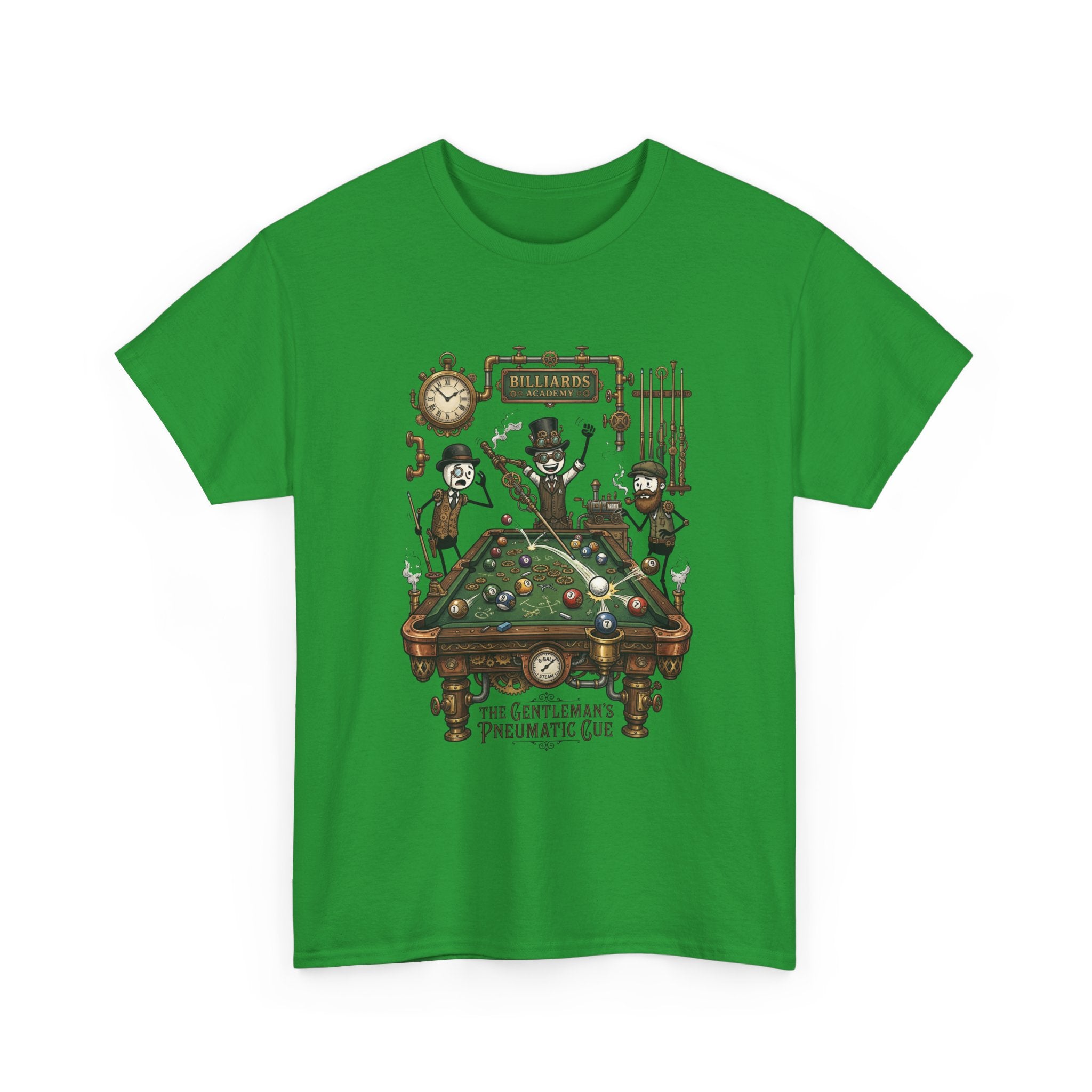 Steampunk Billiards Tee – 'The Gentleman's Pneumatic Cue' Pool Table Graphic Shirt