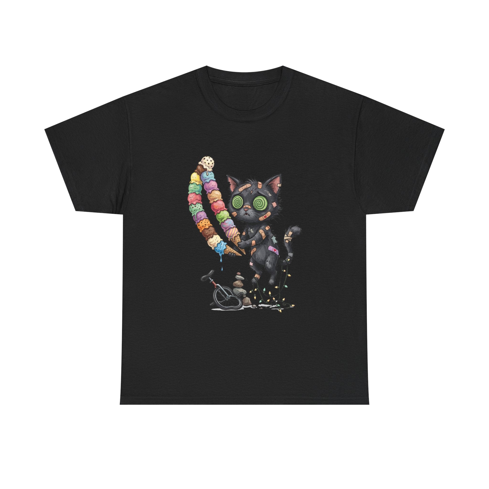 Cat with Ice Cream Graphic Tee — Cute Retro Kawaii Black Cat Holding Rainbow Ice Cream