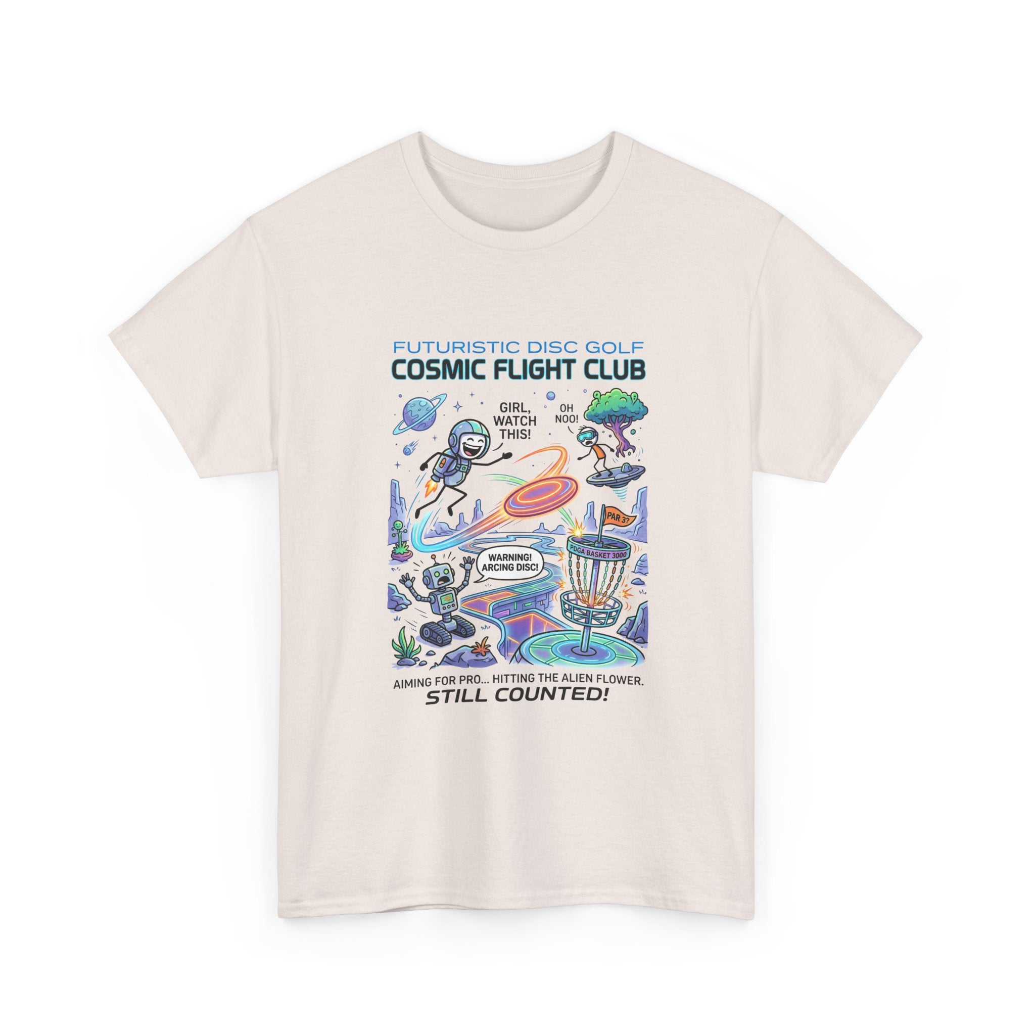 Cosmic Flight Club Disc Golf T-Shirt — Futuristic Outer Space Design