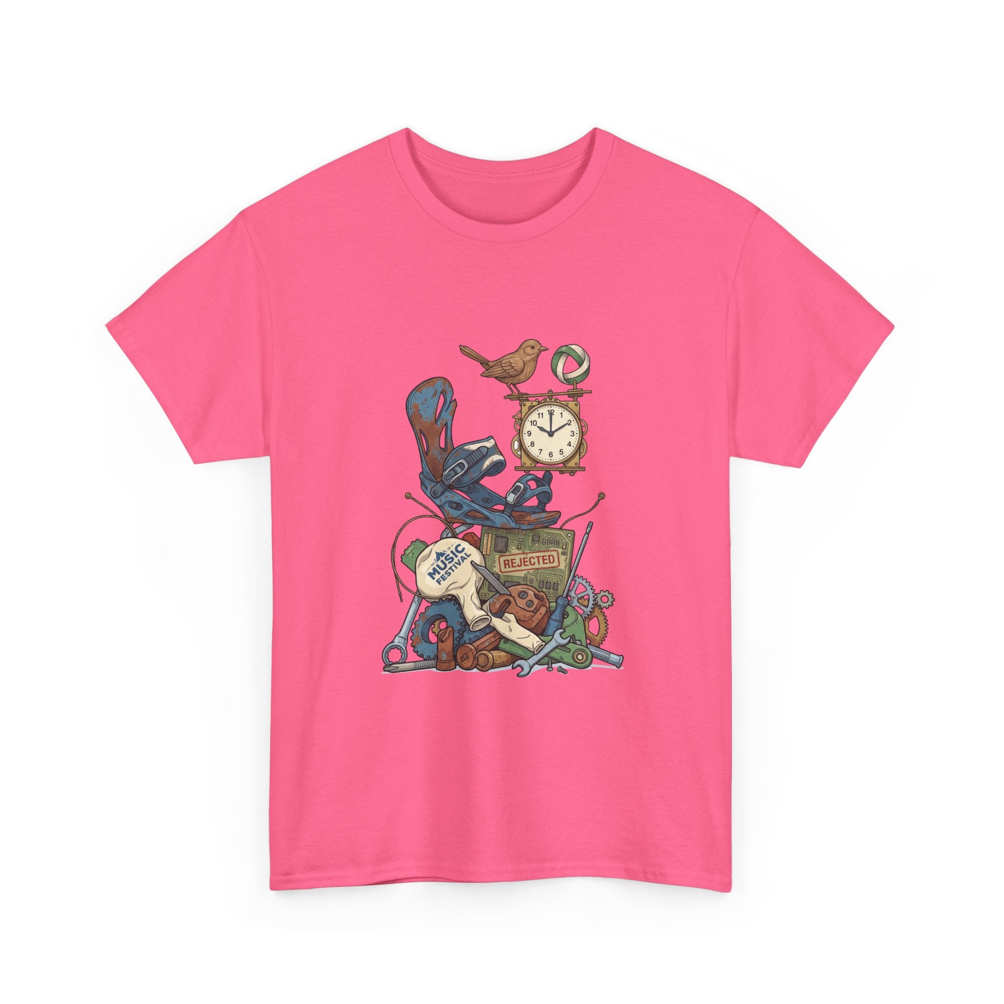 Vintage Hobbies Stack T-Shirt — Retro Clock, Guitar & Tools Illustration
